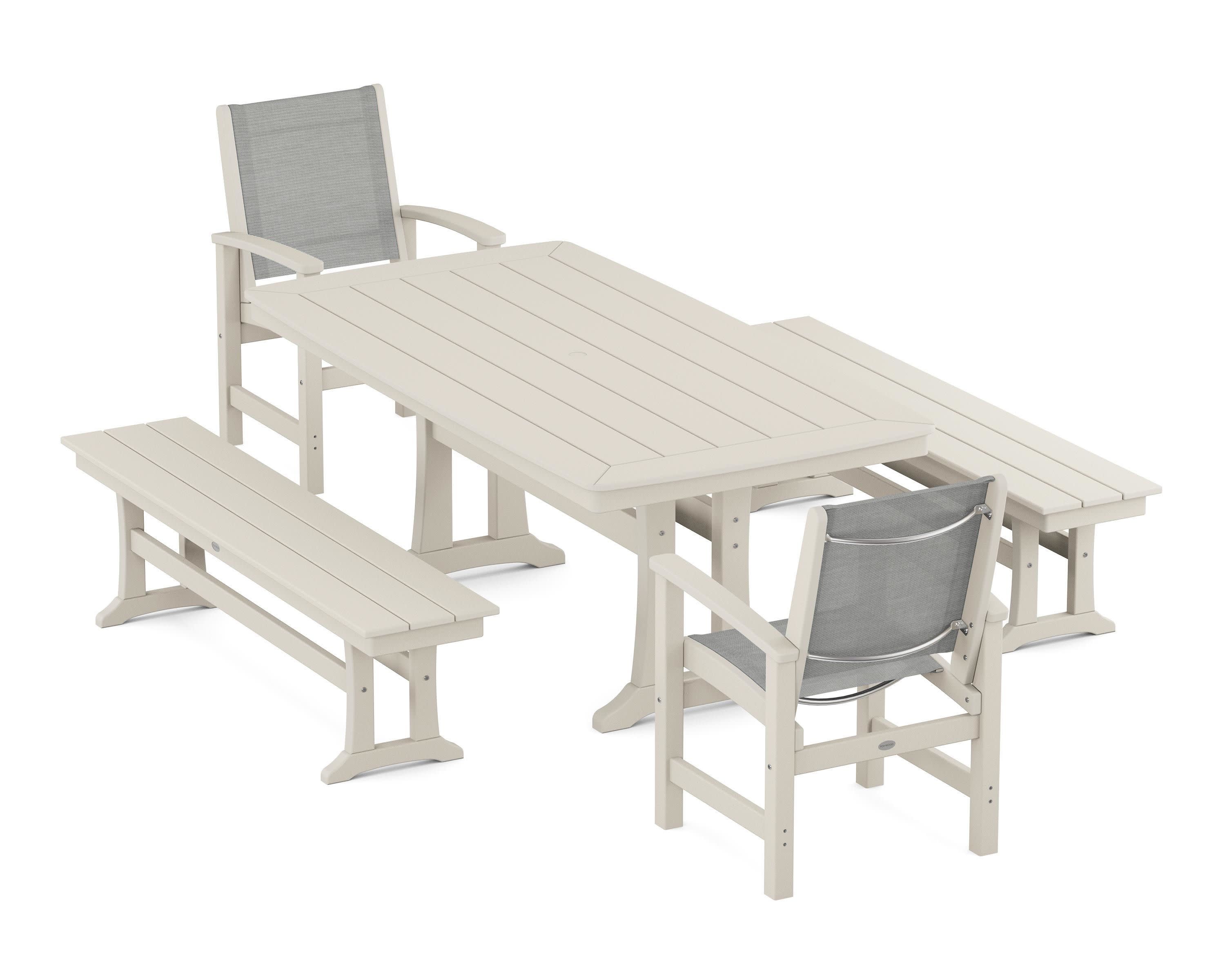 Coastal 5-Piece Dining Set with Trestle Legs and Benches in Sand / Metallic Sling