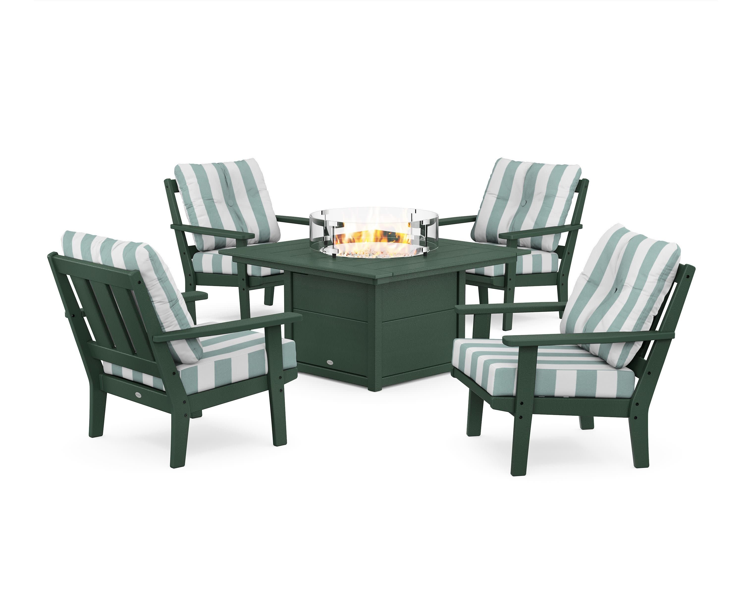Oxford 5-Piece Deep Seating Set with Fire Pit Table in Green / Cabana Stripe Glacier Spa