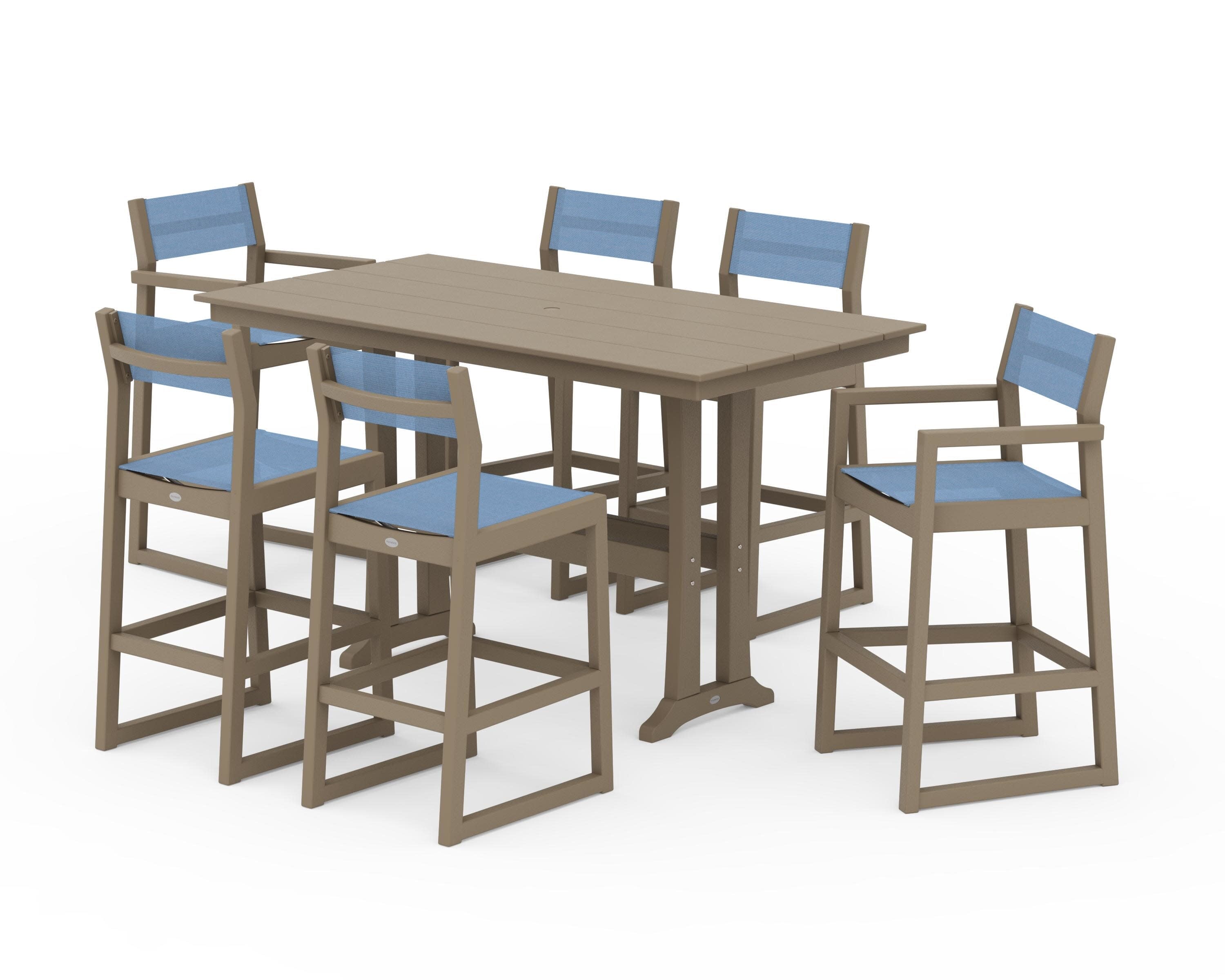 EDGE Sling 7-Piece Farmhouse Bar Set with Trestle Legs in Vintage Sahara / Poolside Sling