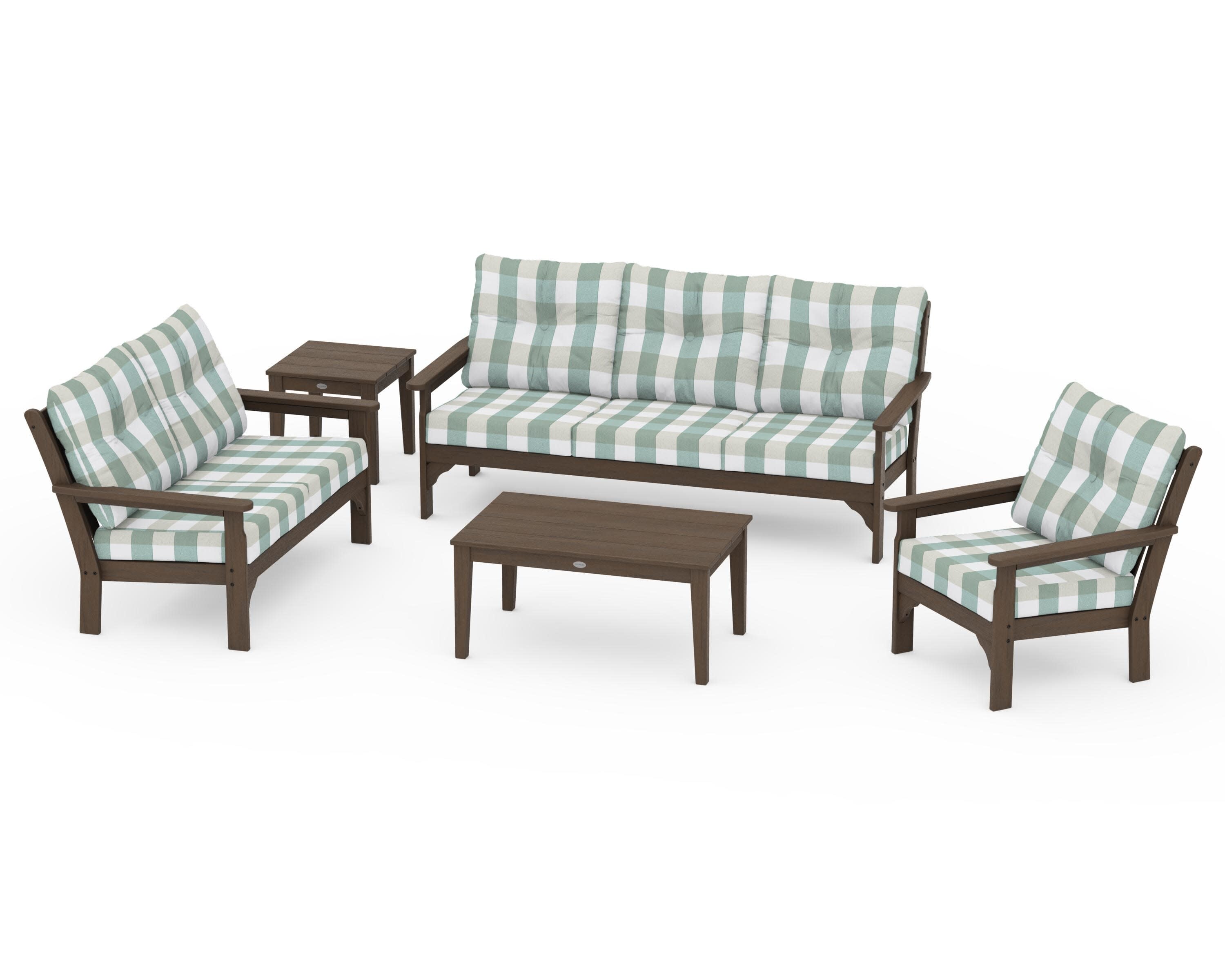 Vineyard 5 Piece Deep Seating Set in Kona / Buffalo Plaid Glacier Spa