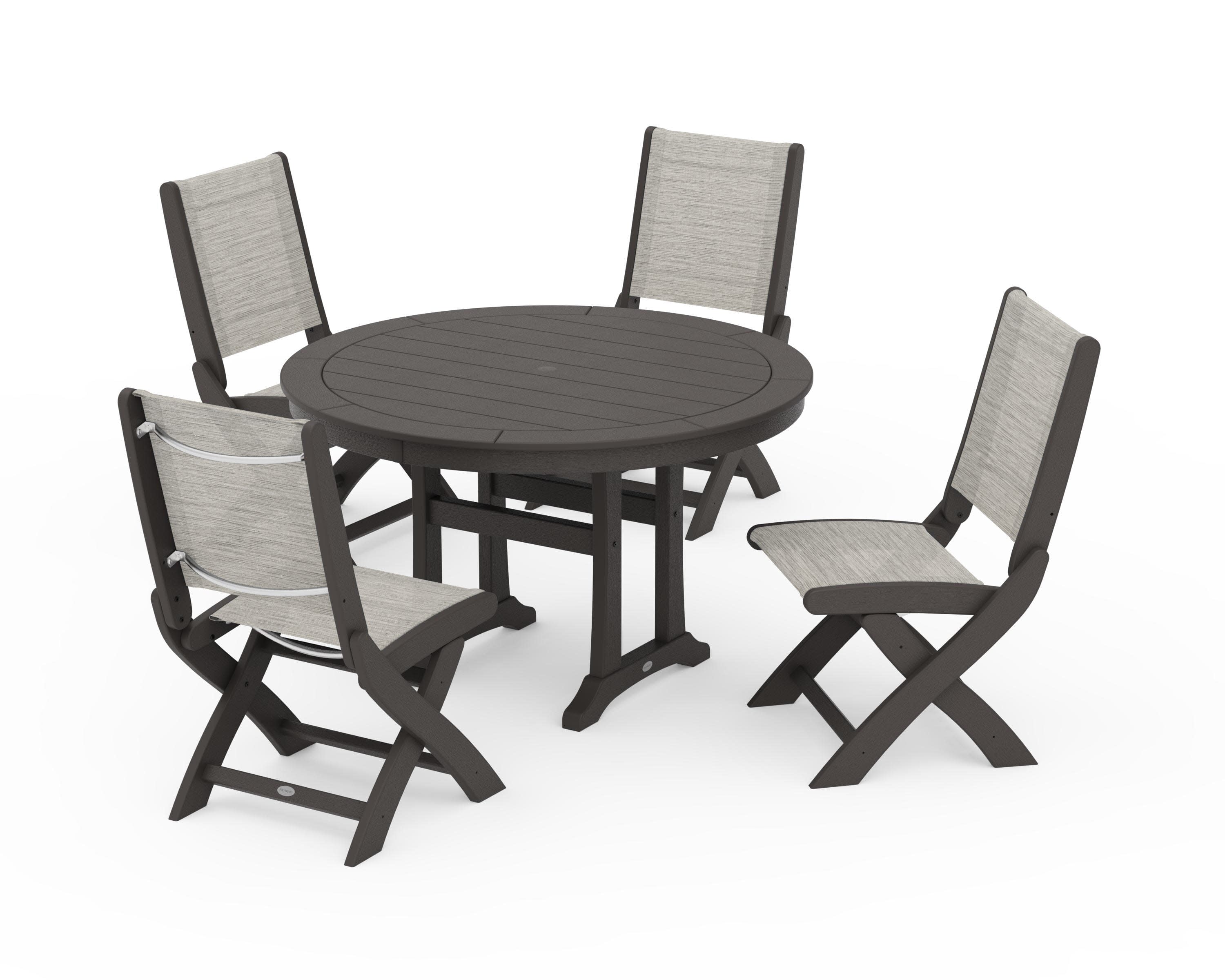 Coastal Folding Side Chair 5-Piece Round Dining Set With Trestle Legs in Vintage Coffee / Birch Sling