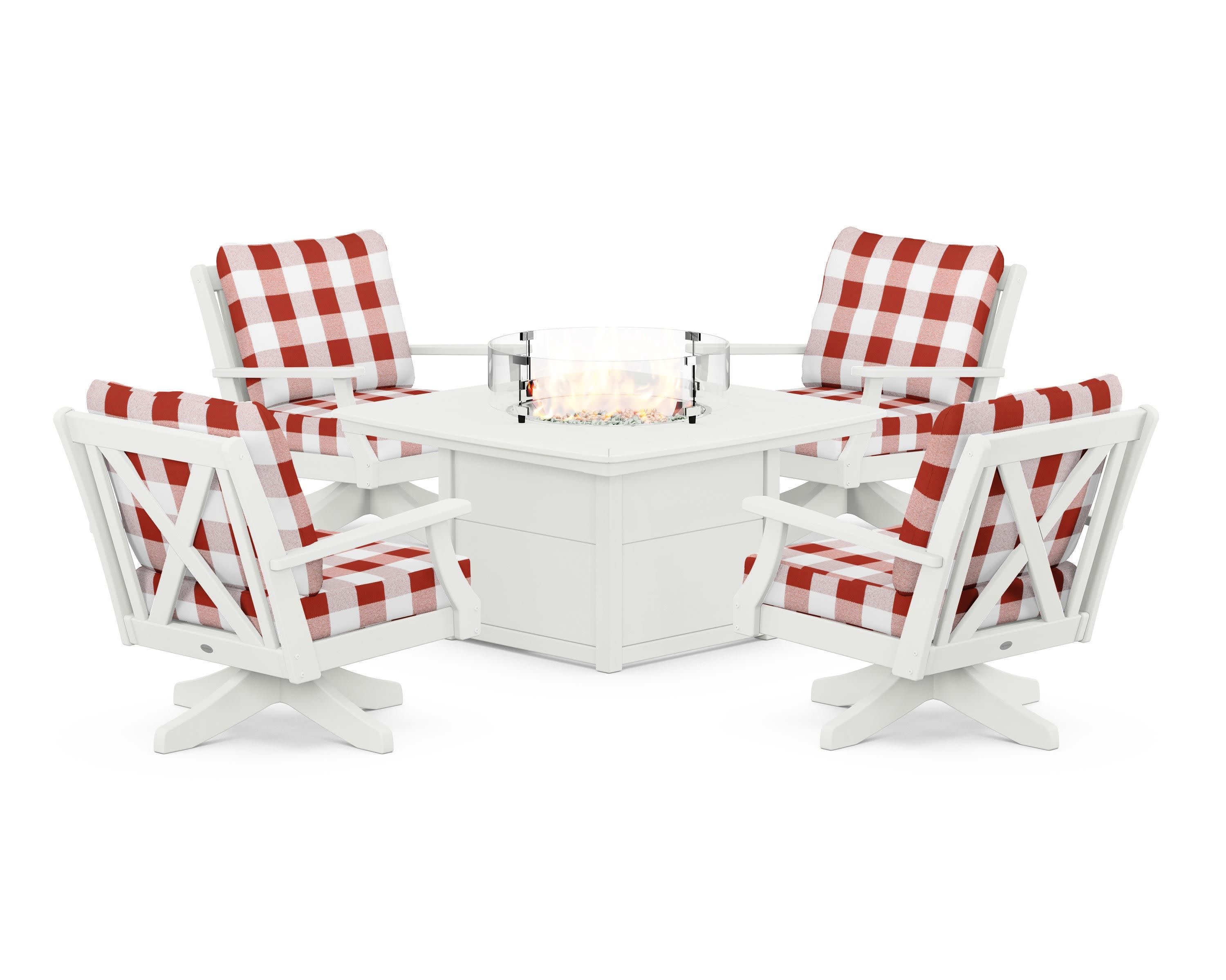 Braxton 5-Piece Deep Seating Swivel Conversation Set with Fire Pit Table in Vintage White / Buffalo Plaid Crimson