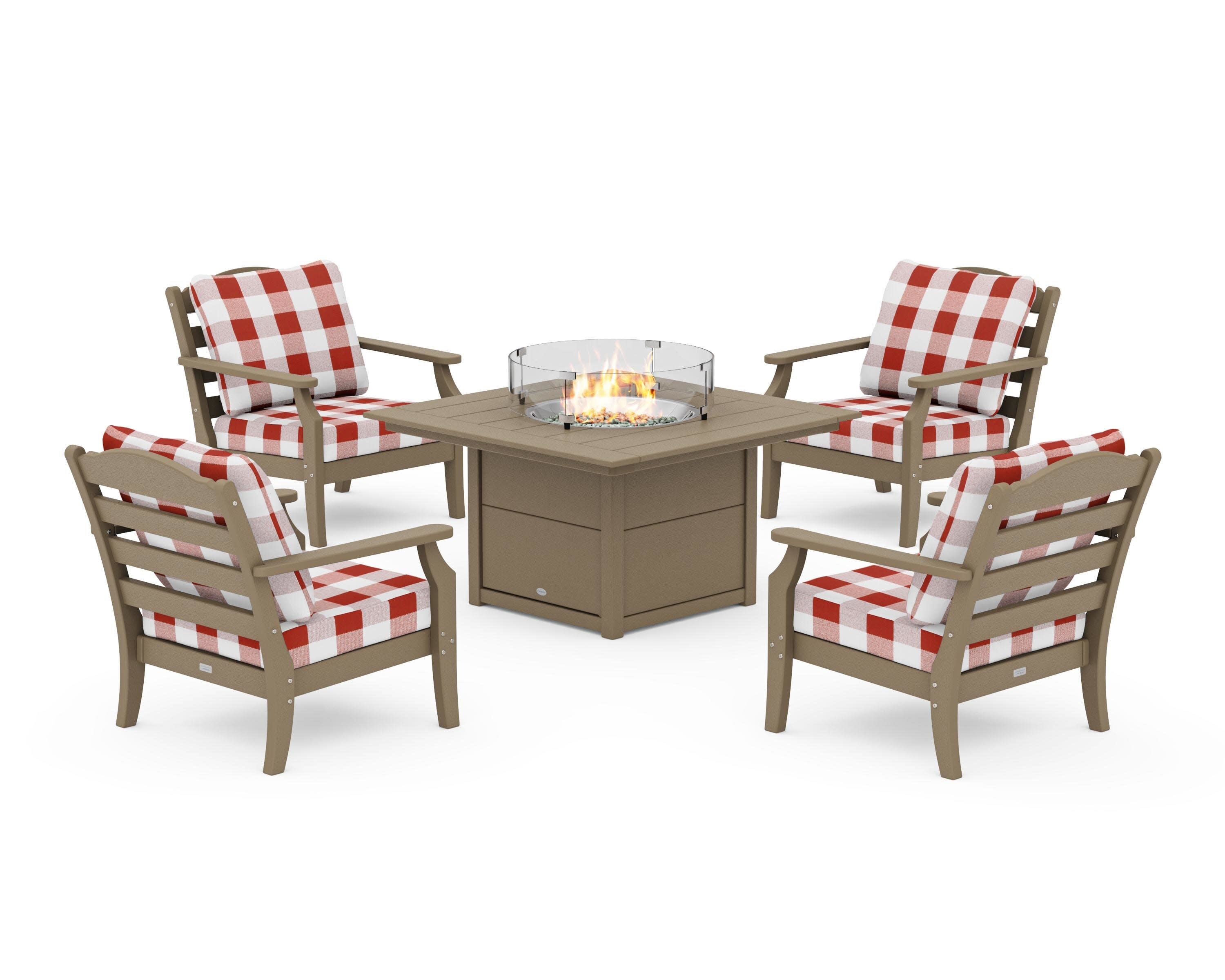 Savannah 5-Piece Deep Seating Set with Fire Pit Table in Vintage Sahara / Buffalo Plaid Crimson