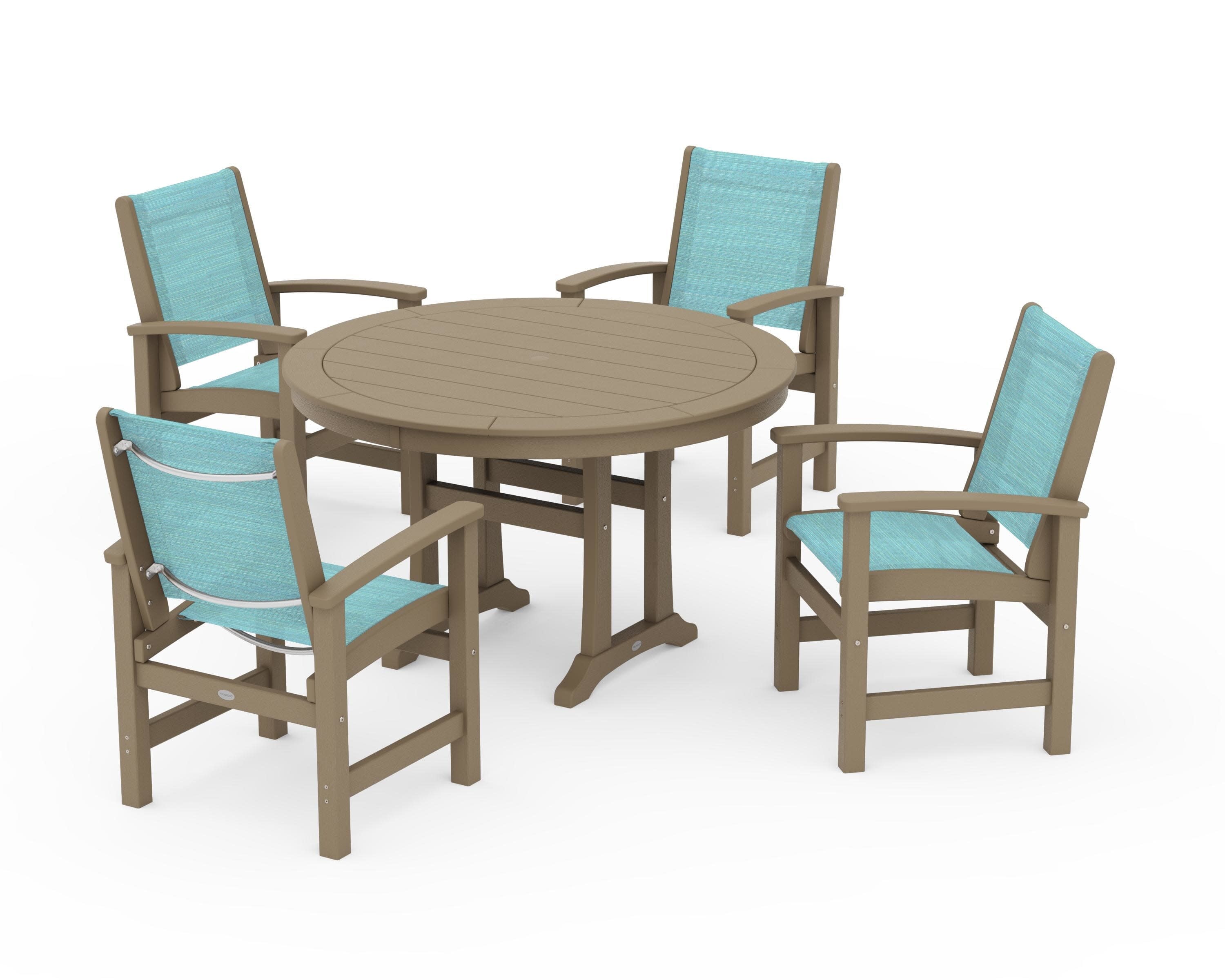 Coastal 5-Piece Round Dining Set with Trestle Legs in Vintage Sahara / Dupioni Aquamarine Sling