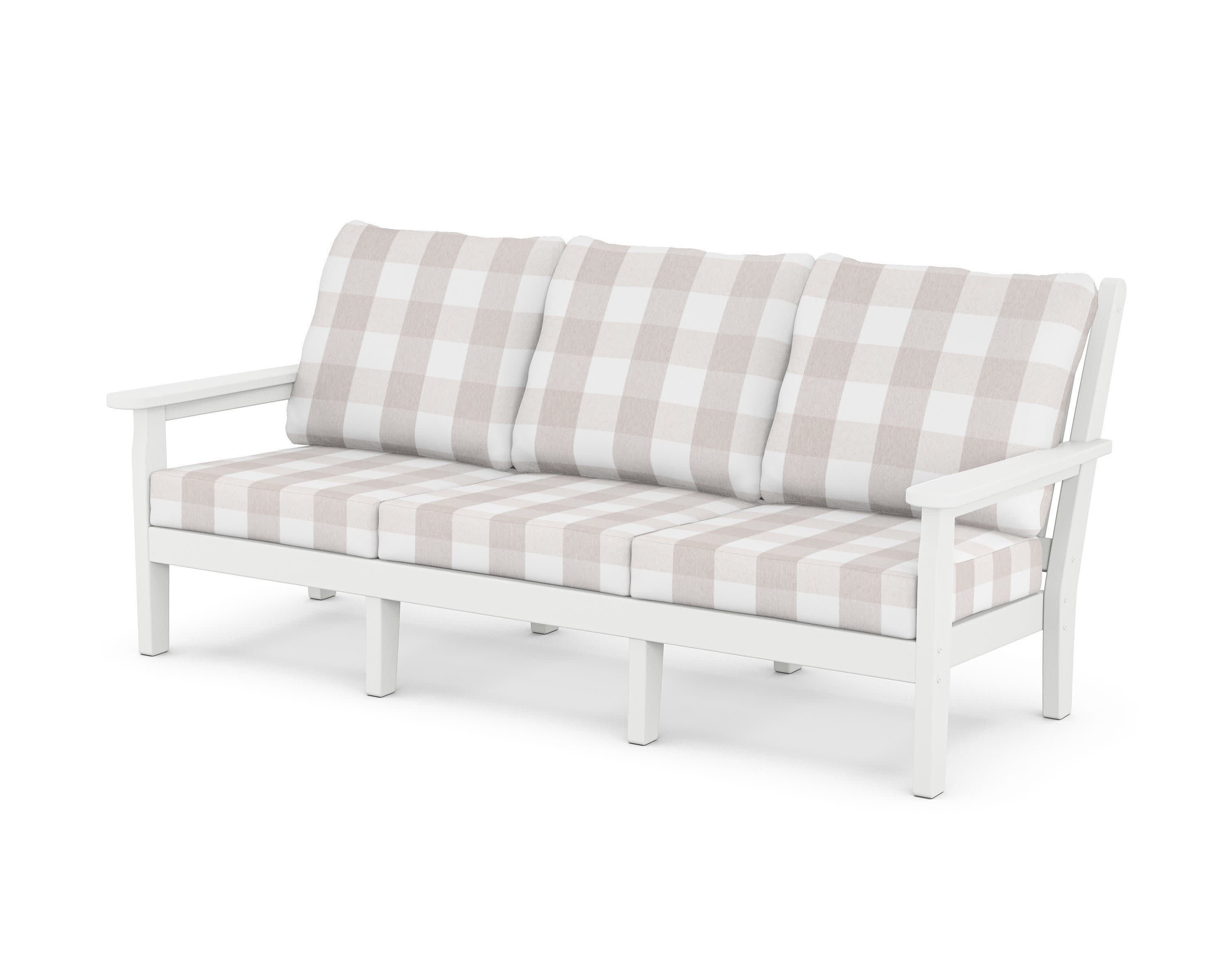 Chippendale Deep Seating Sofa in White / Buffalo Plaid Dune Burlap