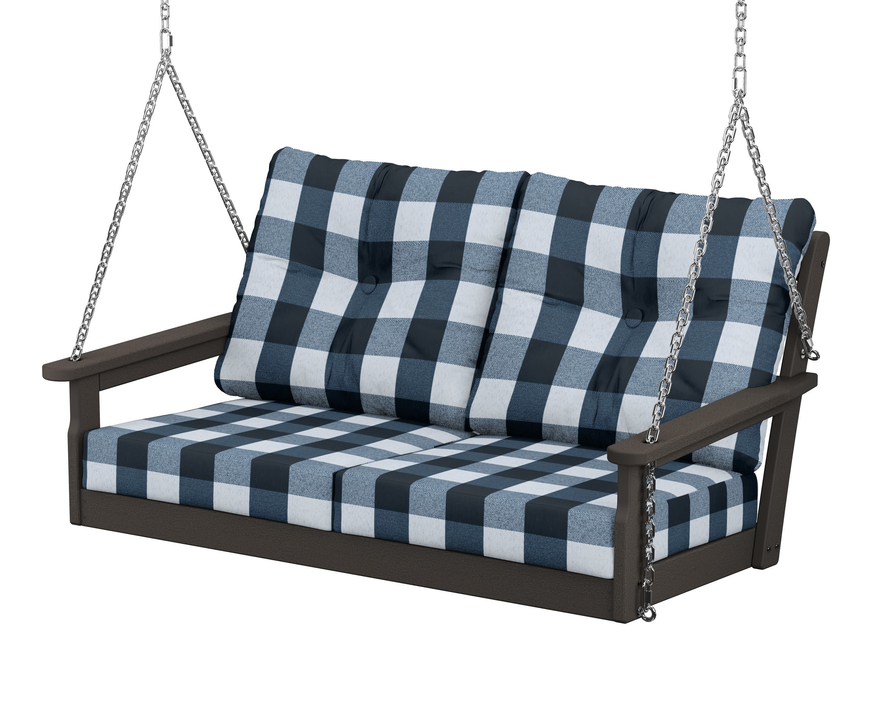Vineyard Deep Seating Swing in Vintage Coffee / Buffalo Plaid Marine Indigo