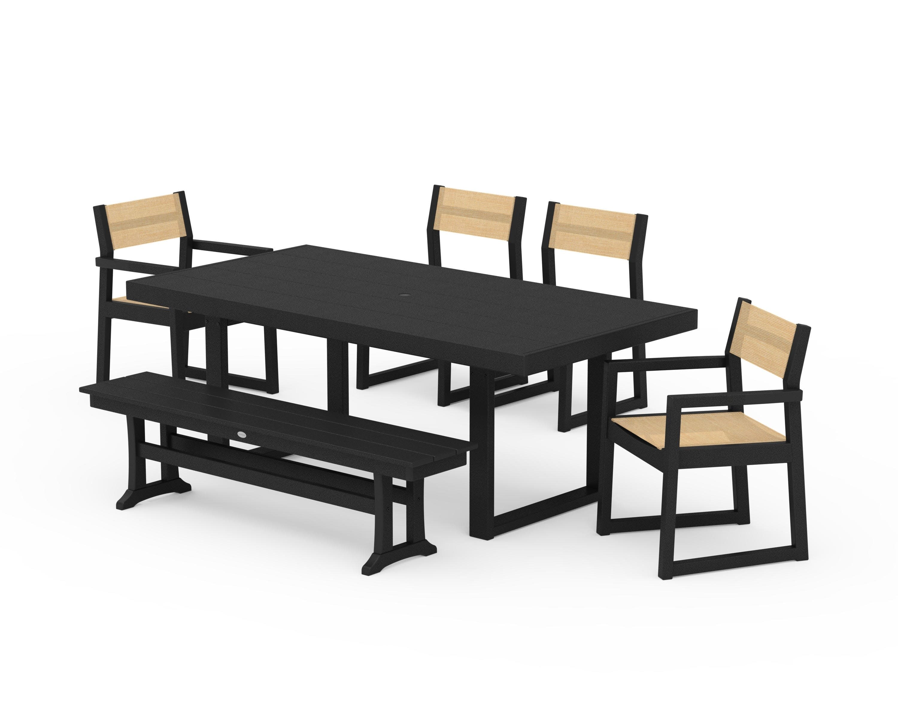 EDGE Sling 6-Piece Dining Set with Bench in Black / Dupioni Apricot Sling