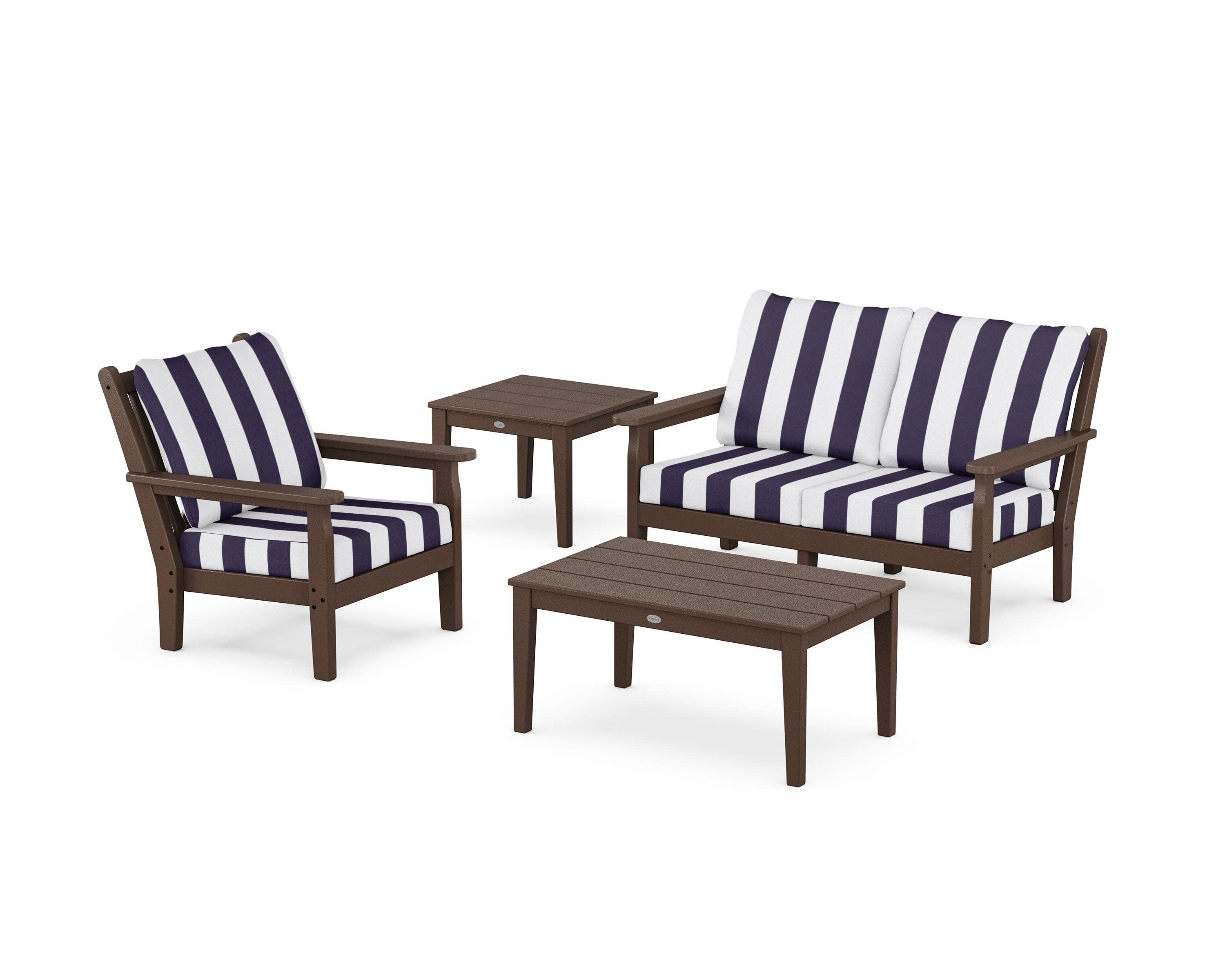 Chippendale 4-Piece Deep Seating Set in Mahogany / Cabana Stripe Navy