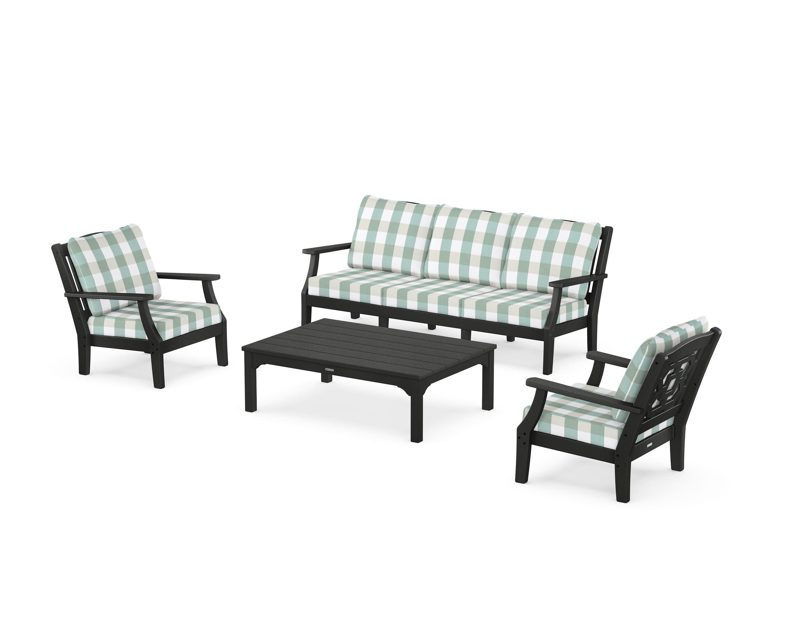 Chinoiserie 4-Piece Deep Seating Set with Sofa in Black / Buffalo Plaid Glacier Spa