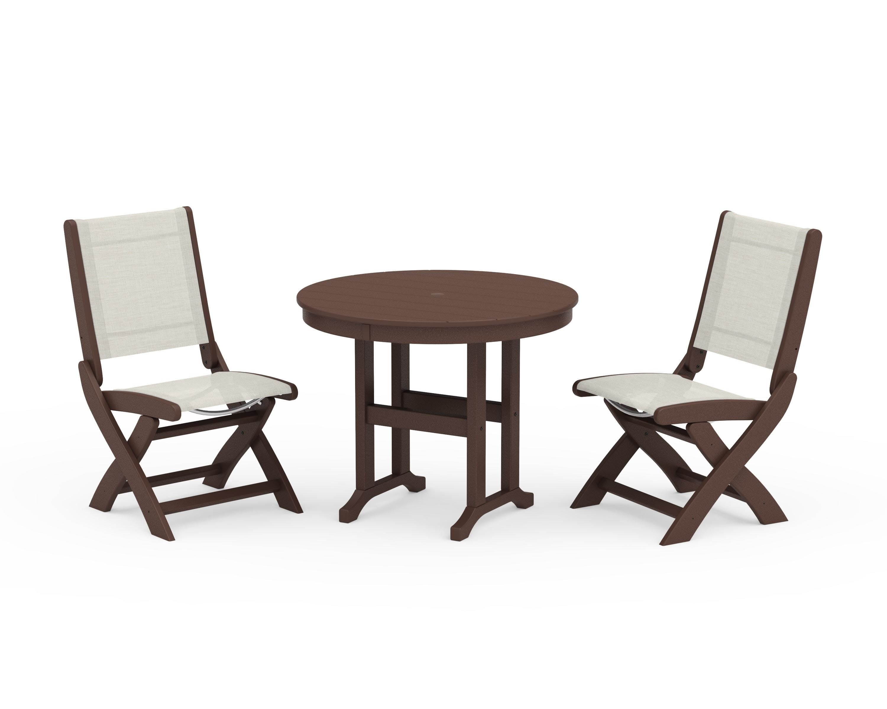 Coastal Folding Side Chair 3-Piece Round Dining Set in Mahogany / Parchment Sling