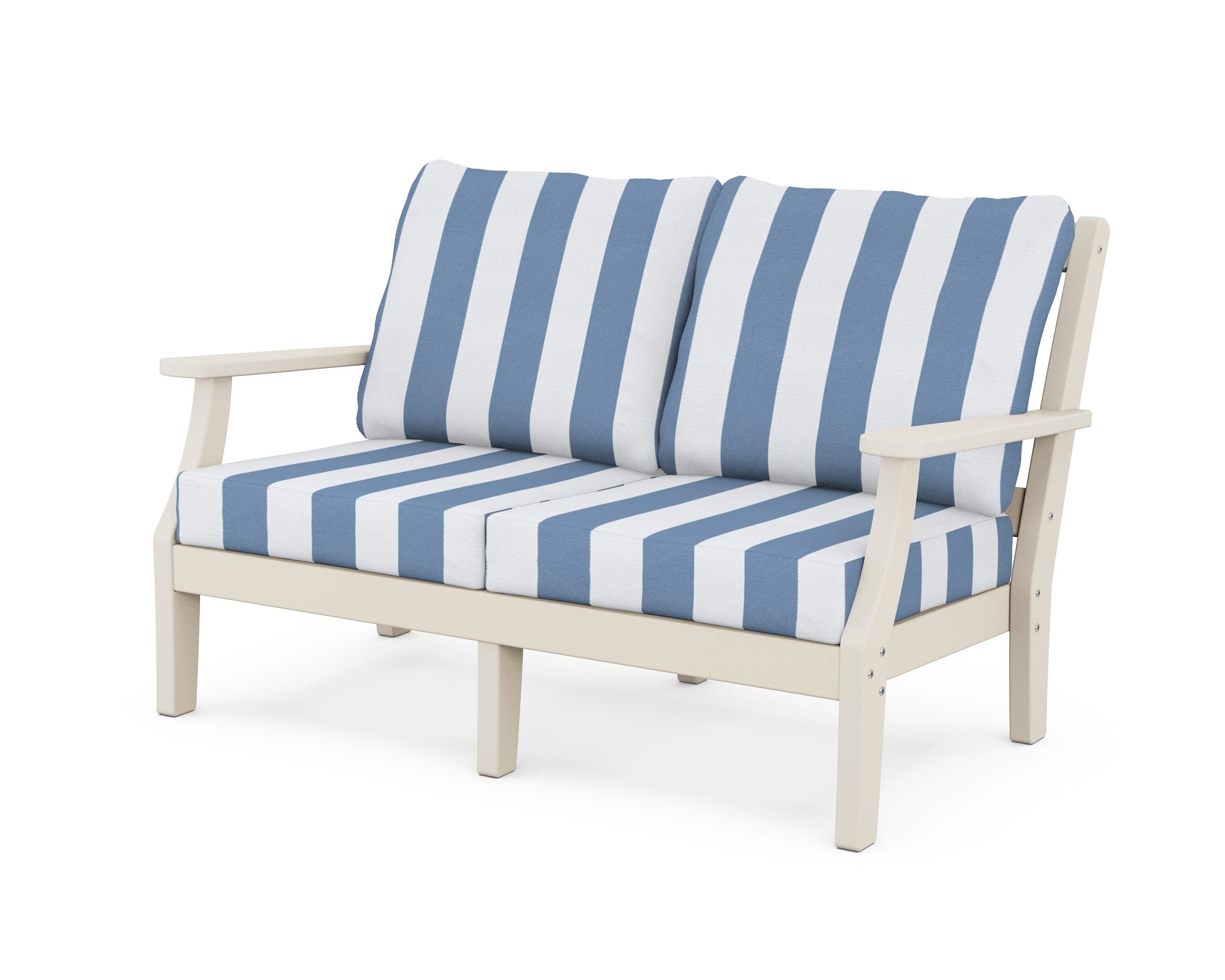 Chinoiserie Deep Seating Loveseat in Sand / Cabana Stripe Sky Blue