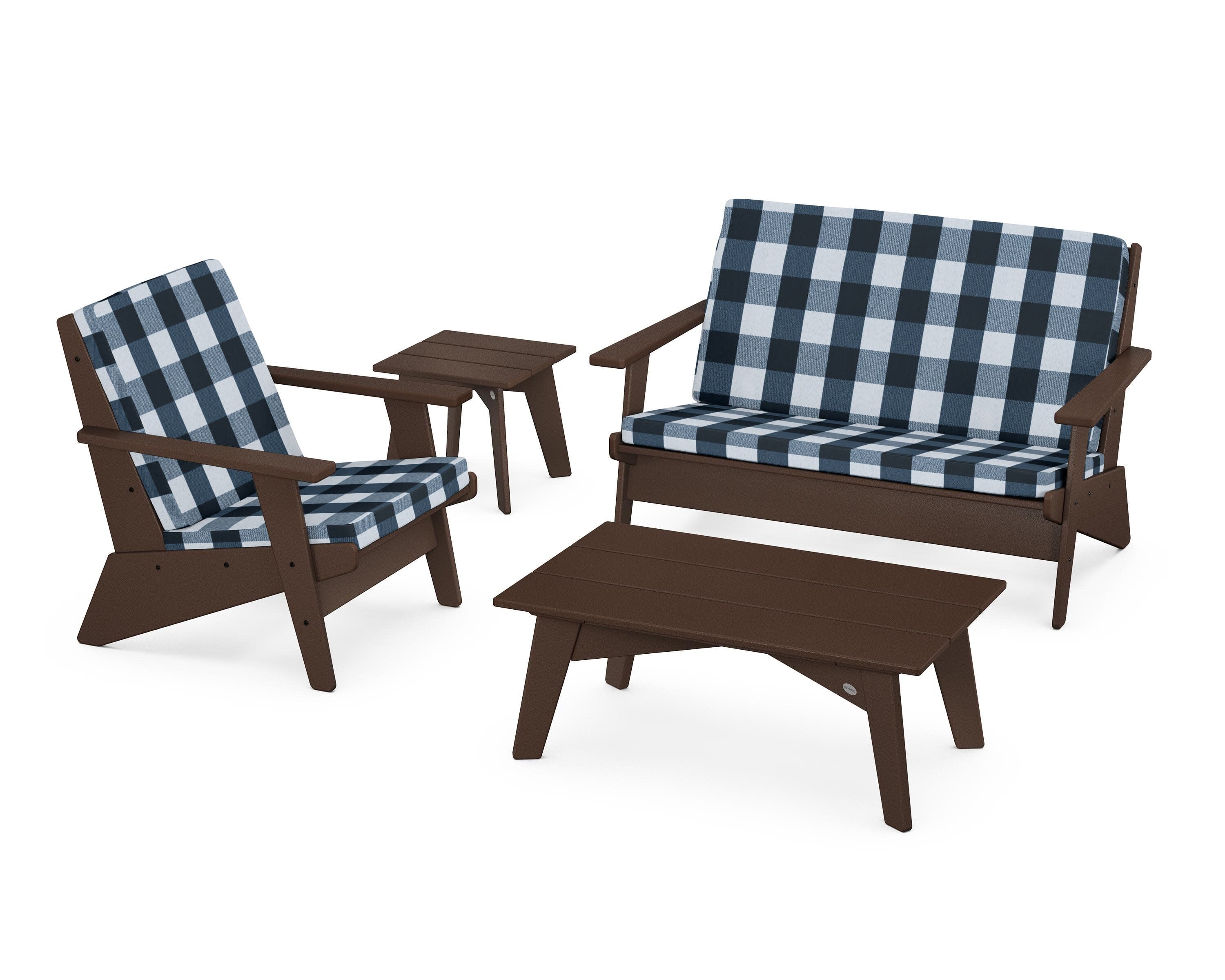 Riviera Modern Lounge 4-Piece Set in Mahogany / Buffalo Plaid Marine Indigo
