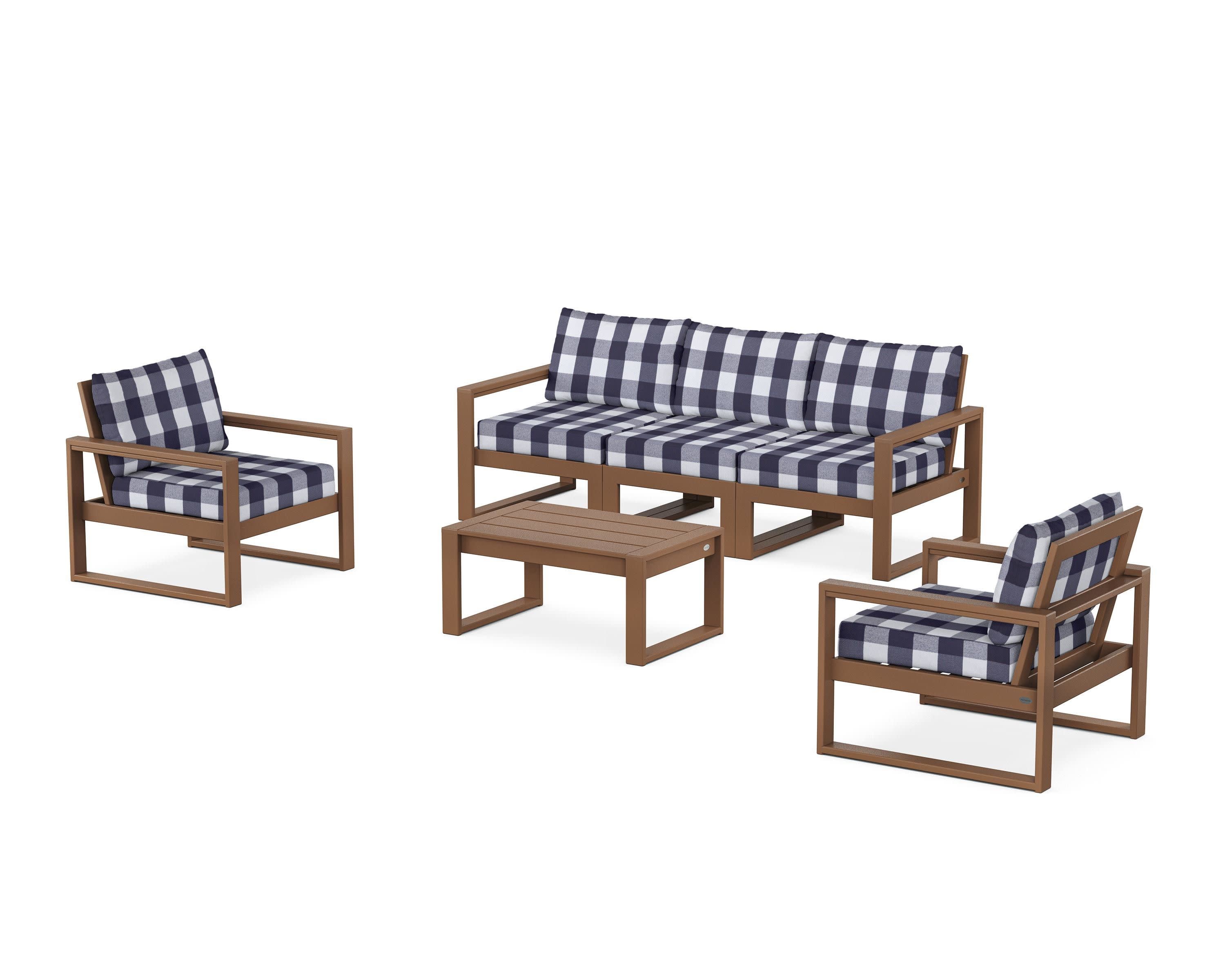 EDGE Sectional 4-Piece Deep Seating Set with Sofa in Teak / Buffalo Plaid Navy
