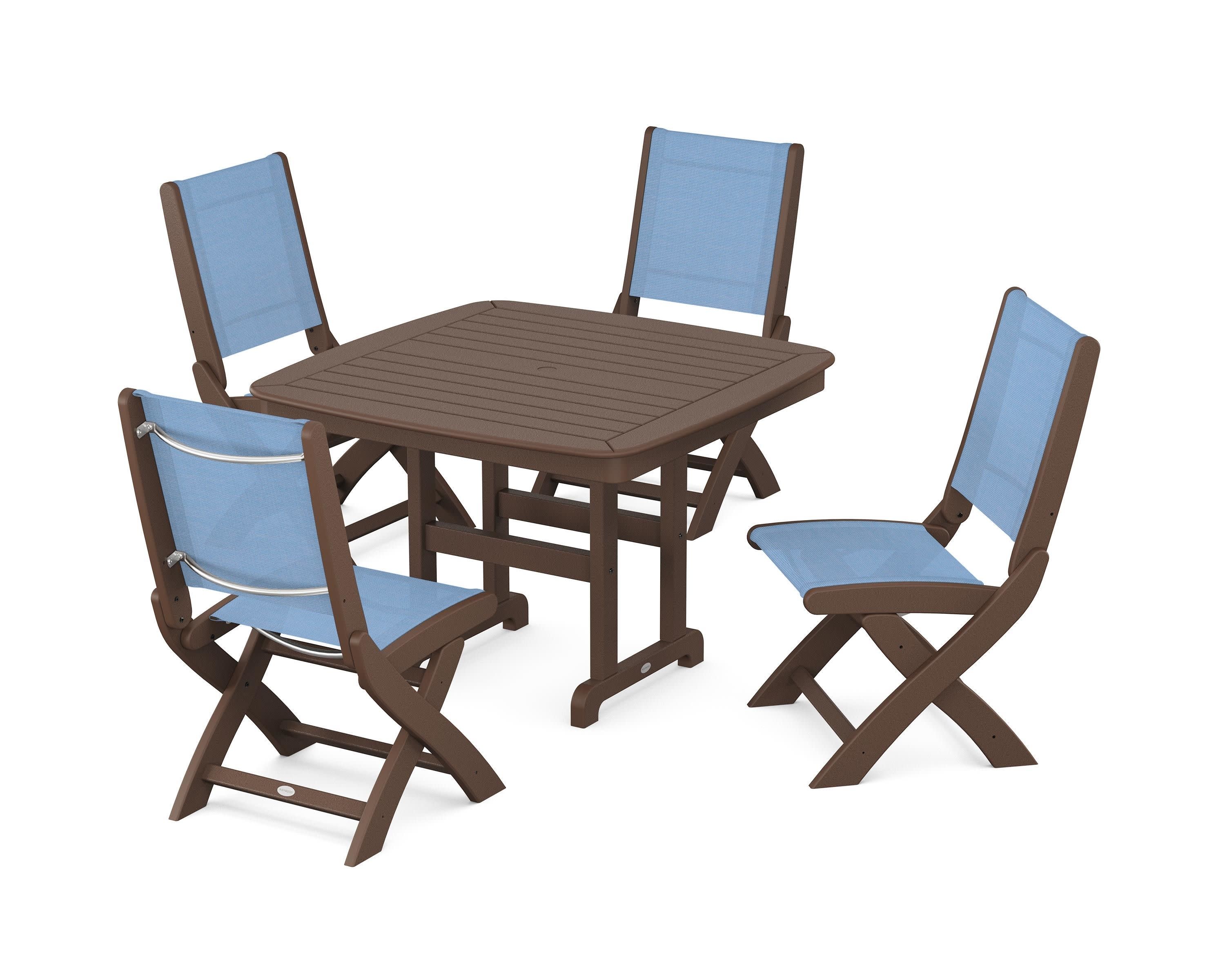 Coastal Folding Side Chair 5-Piece Dining Set in Mahogany / Poolside Sling