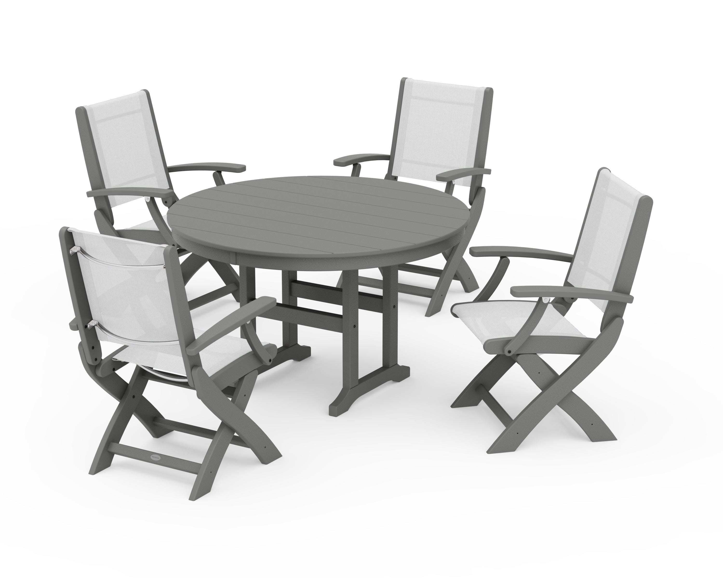 Coastal Folding Chair 5-Piece Round Dining Set in Slate Grey / White Sling