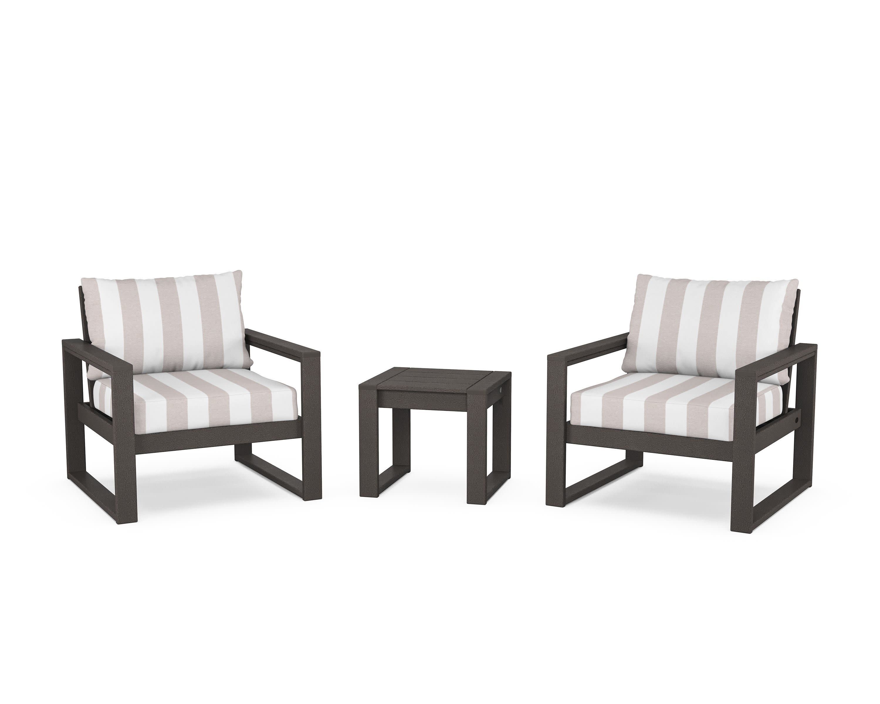 EDGE Sectional 3-Piece Deep Seating Set in Vintage Coffee / Cabana Stripe Dune Burlap