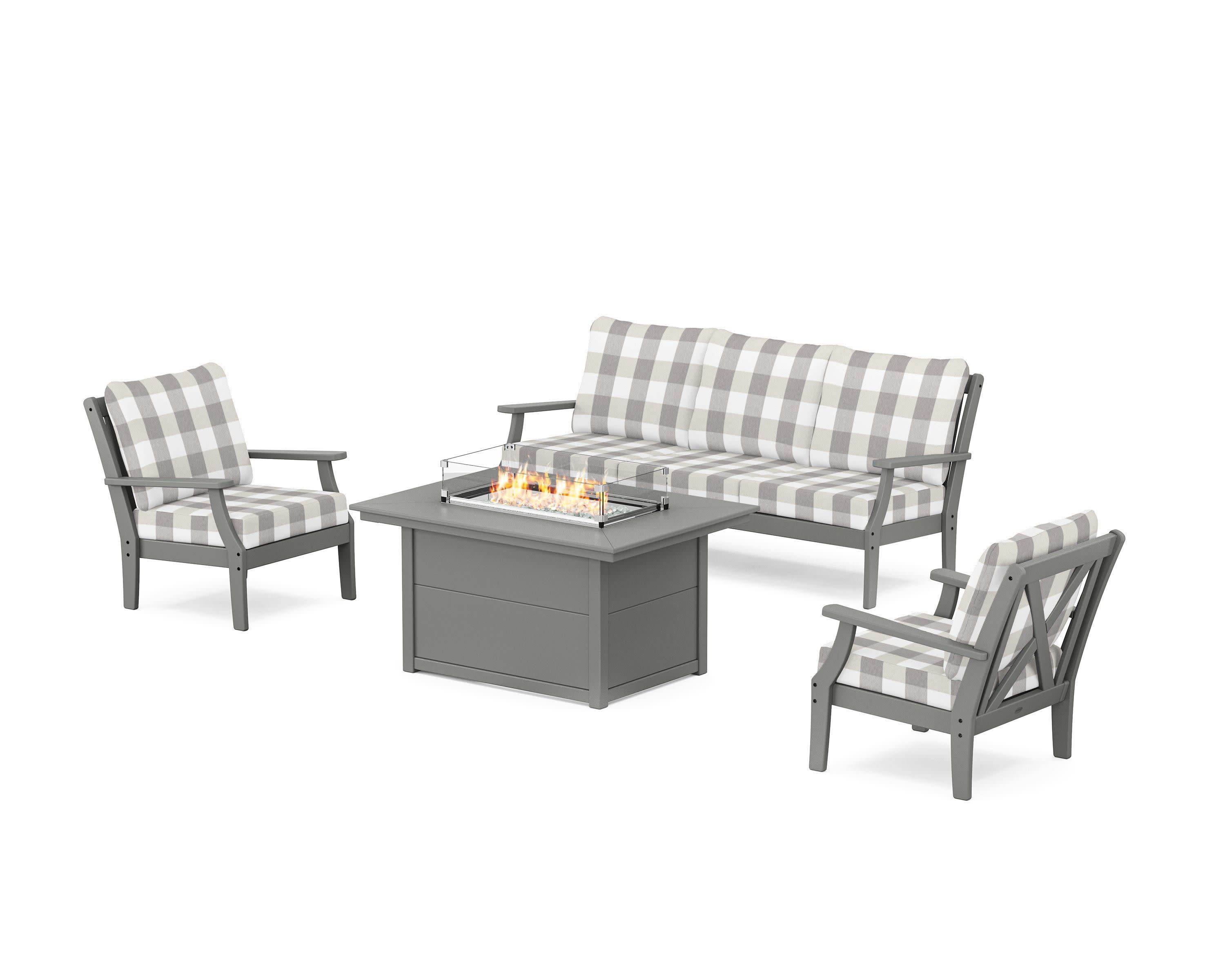 Braxton Deep Seating Fire Pit Table Set in Slate Grey / Buffalo Plaid Grey Mist