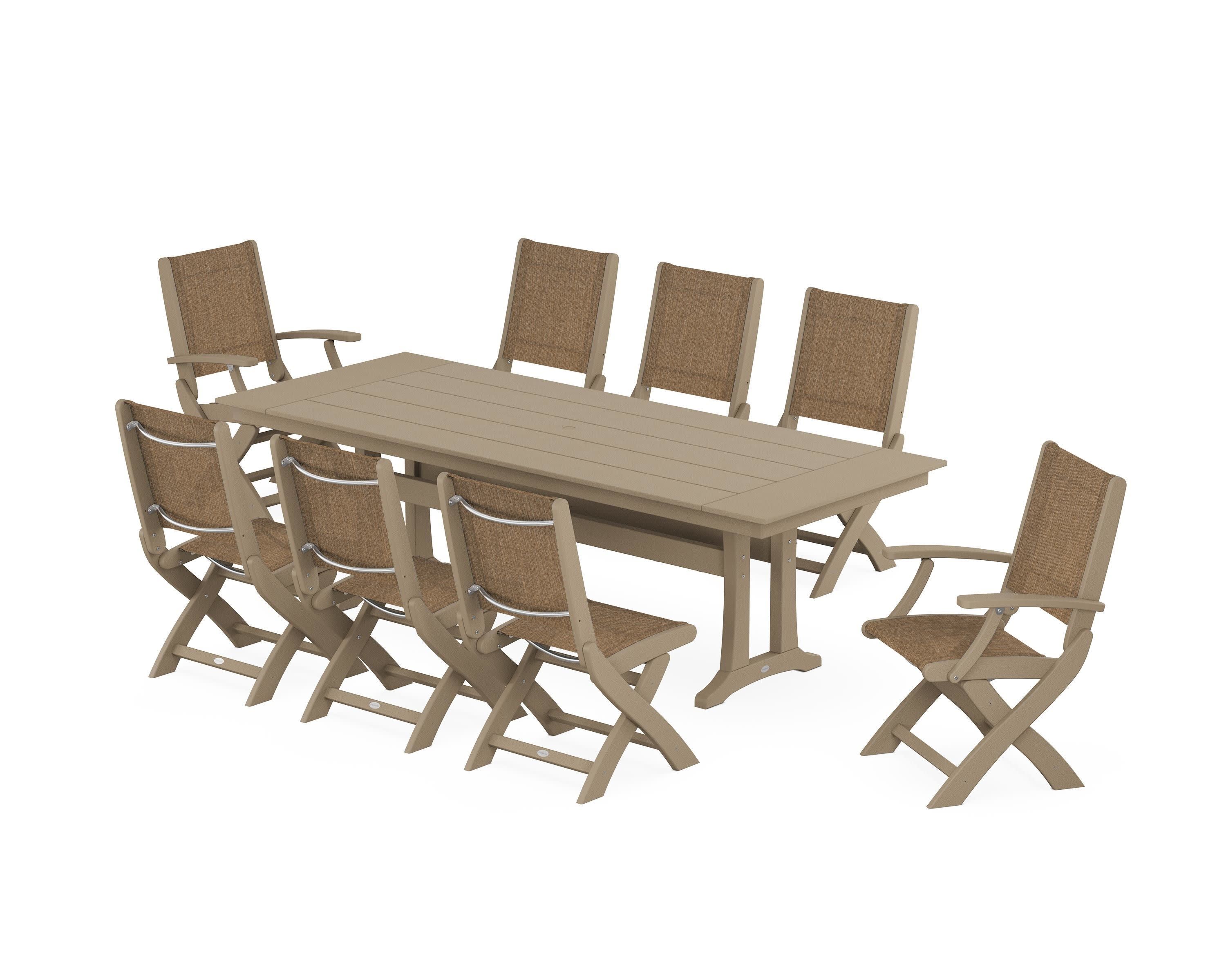 Coastal 9-Piece Folding Dining Chair Farmhouse Dining Set with Trestle Legs in Vintage Sahara / Burlap Sling