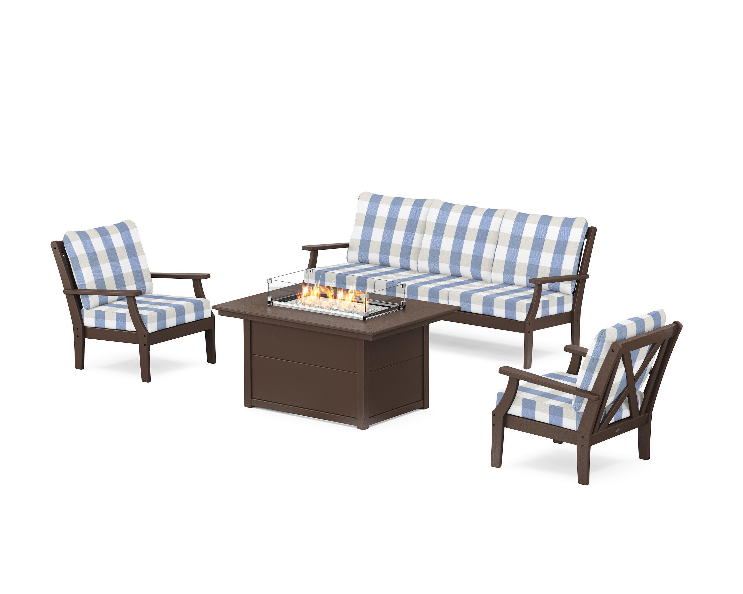 Braxton Deep Seating Fire Pit Table Set in Mahogany / Buffalo Plaid Sky Blue