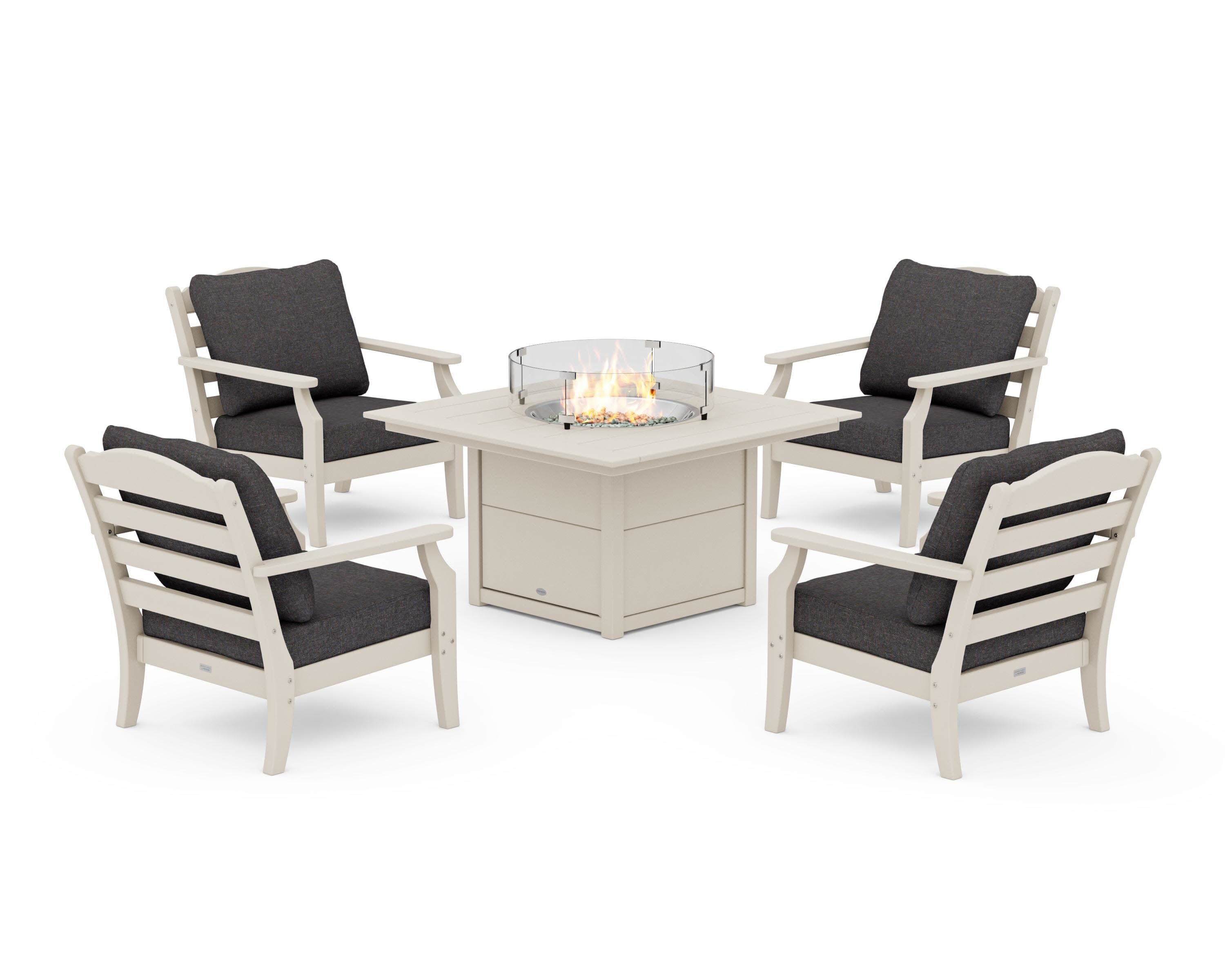 Savannah 5-Piece Deep Seating Set with Fire Pit Table in Sand / Ash Charcoal