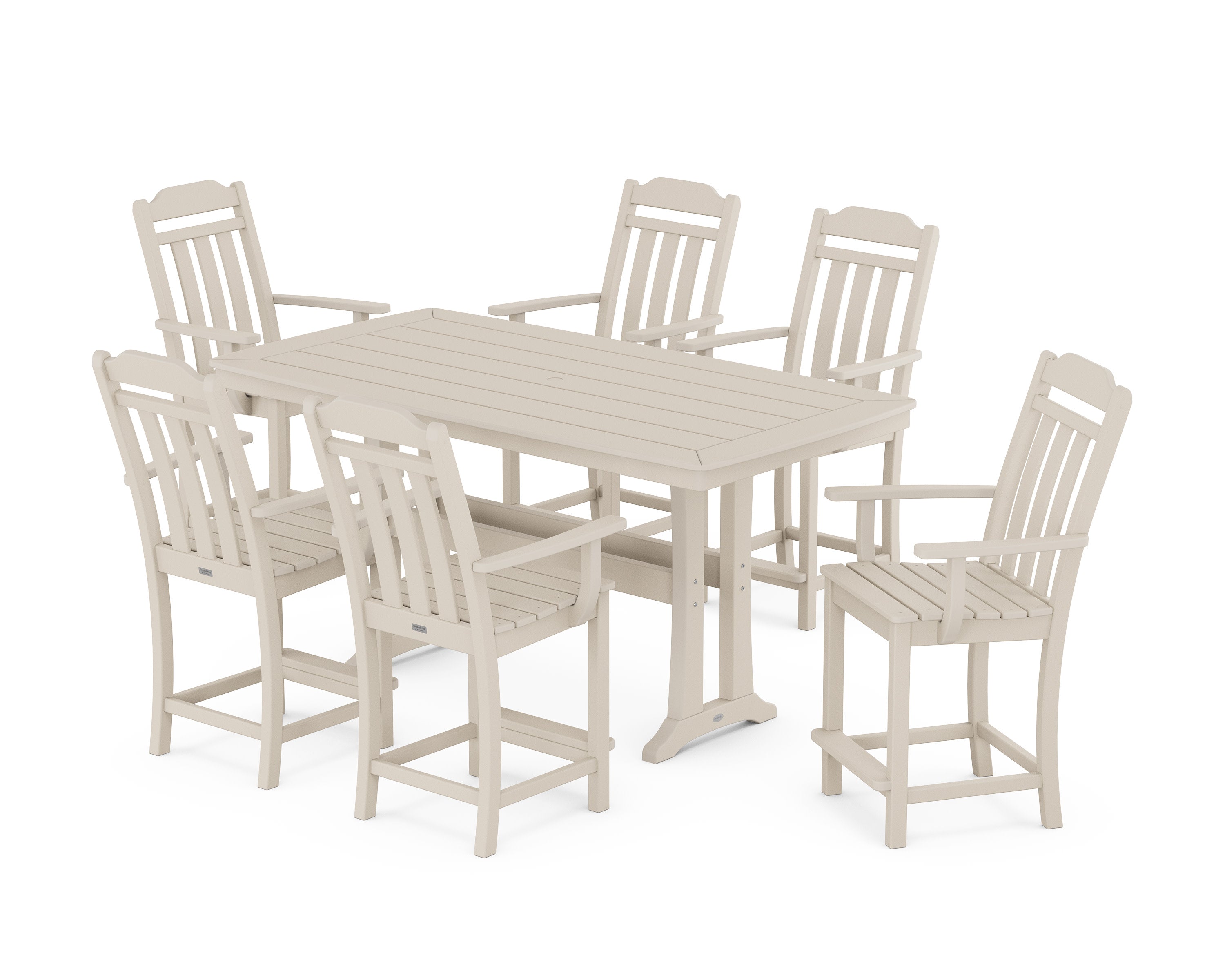 Cottage Arm Chair 7-Piece Counter Set with Trestle Legs in Sand