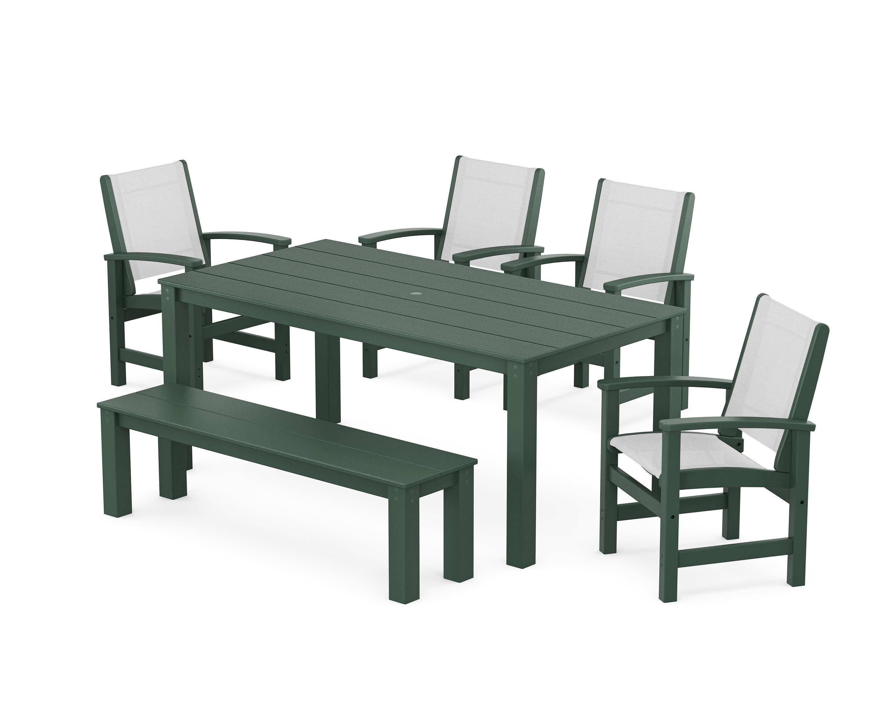 Coastal 6-Piece Parsons Dining Set with Bench in Green / White Sling