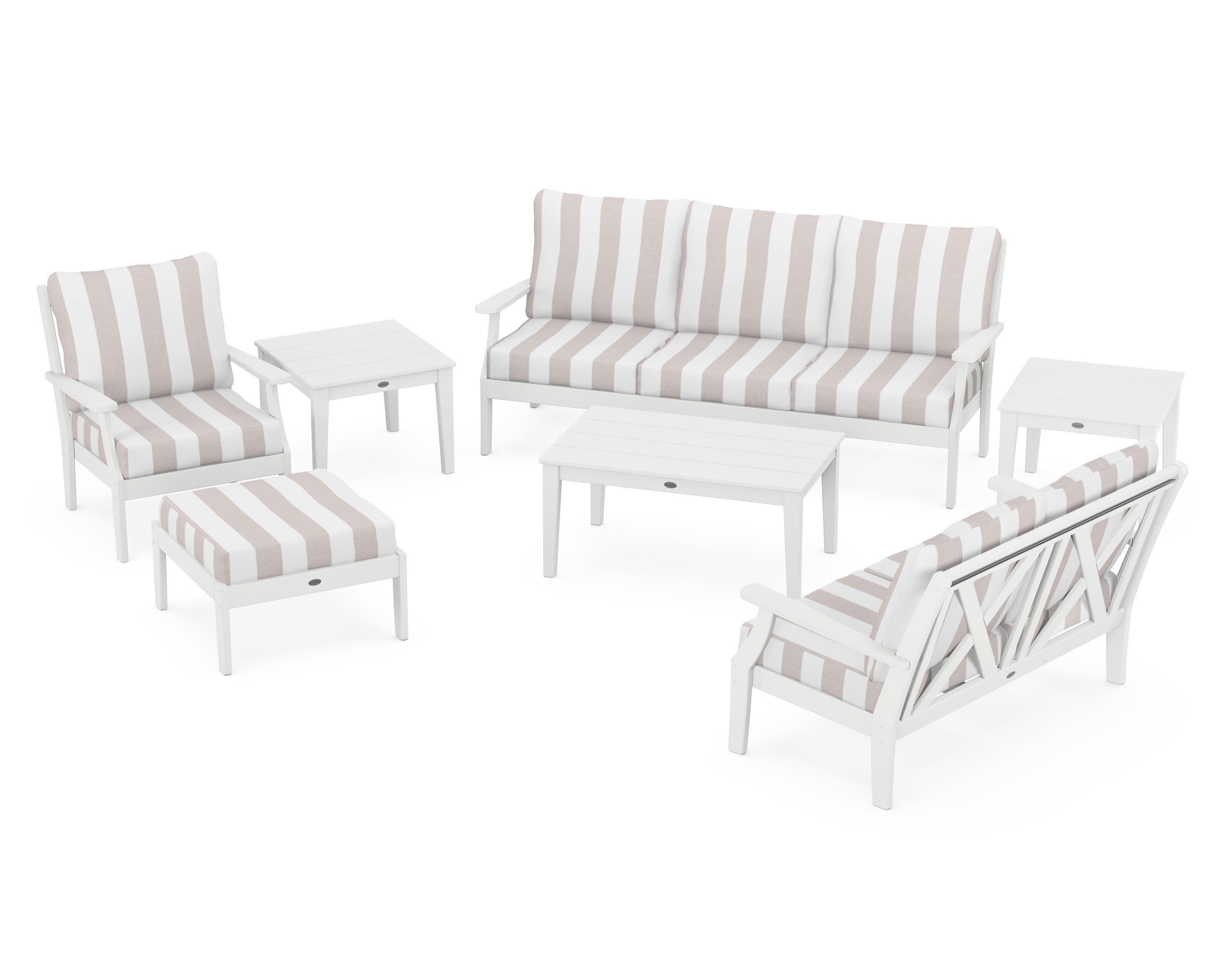 Braxton 7-Piece Deep Seating Set in White / Cabana Stripe Dune Burlap