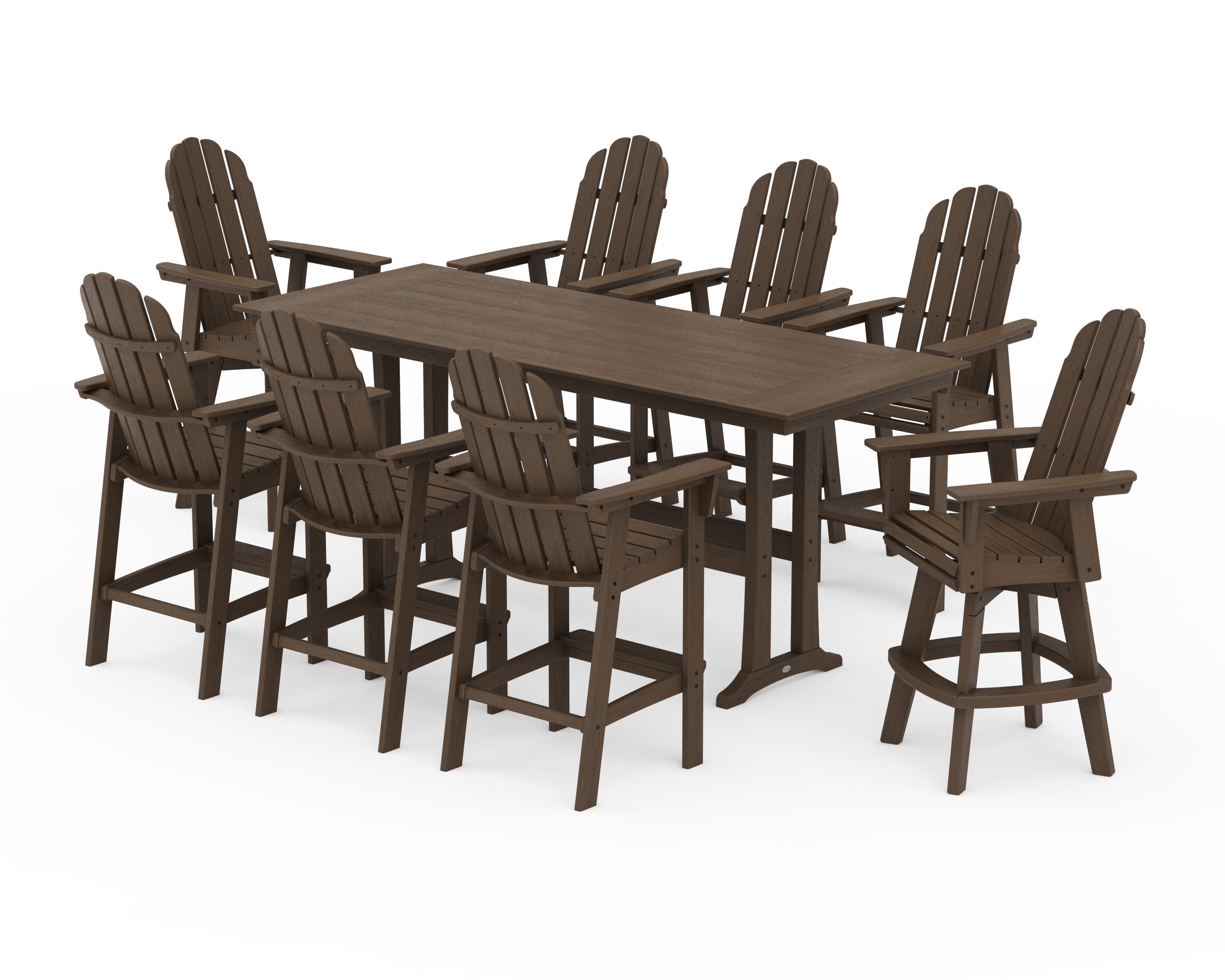 Vineyard Curveback Adirondack Swivel 9-Piece Farmhouse Bar Set with Trestle Legs in Kona
