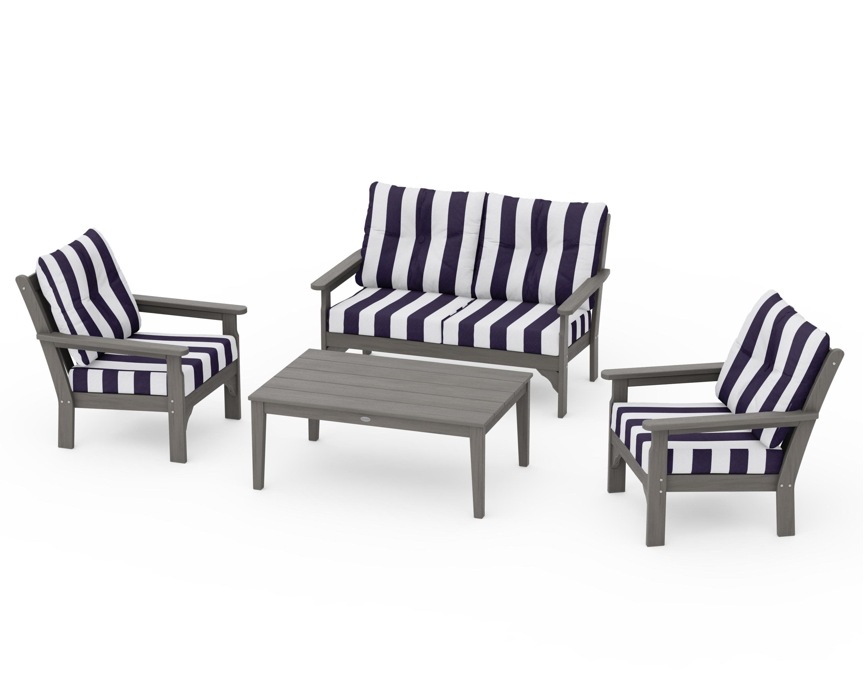 Vineyard 4-Piece Deep Seating Set in Driftwood / Cabana Stripe Navy