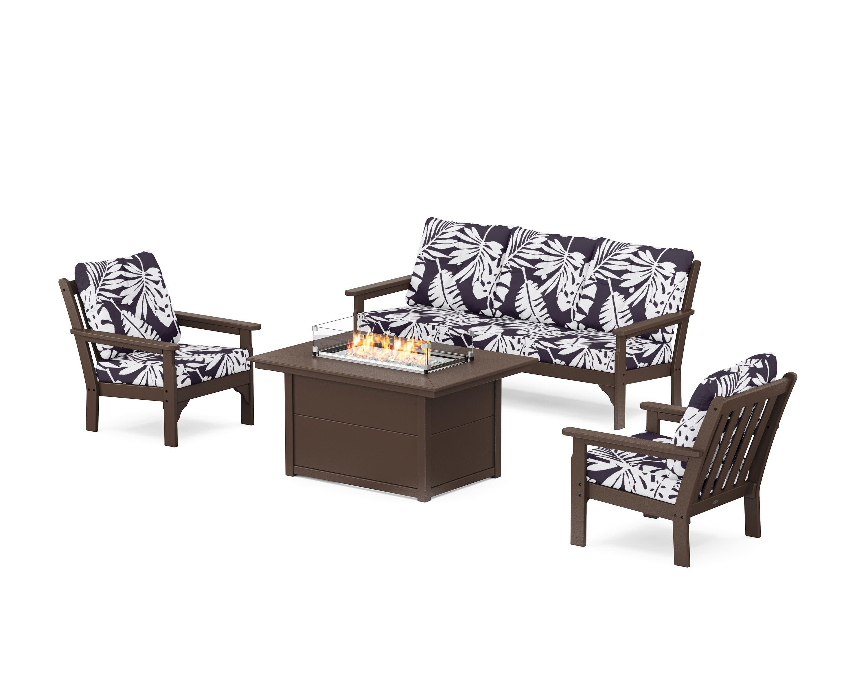 Vineyard Deep Seating Fire Pit Table Set in Mahogany / Leaf Navy