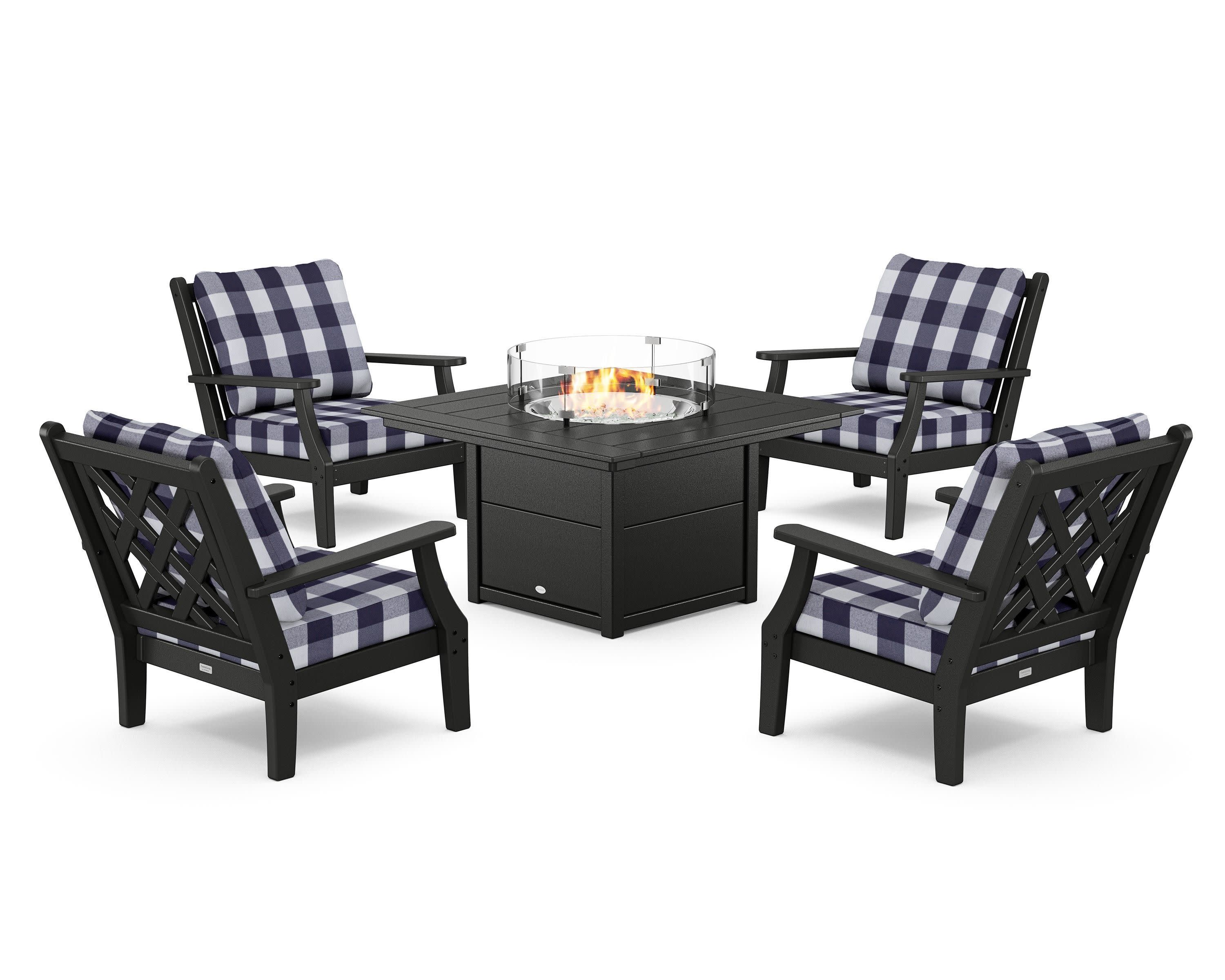 Wovendale 5-Piece Deep Seating Set with Fire Pit Table in Black / Buffalo Plaid Navy