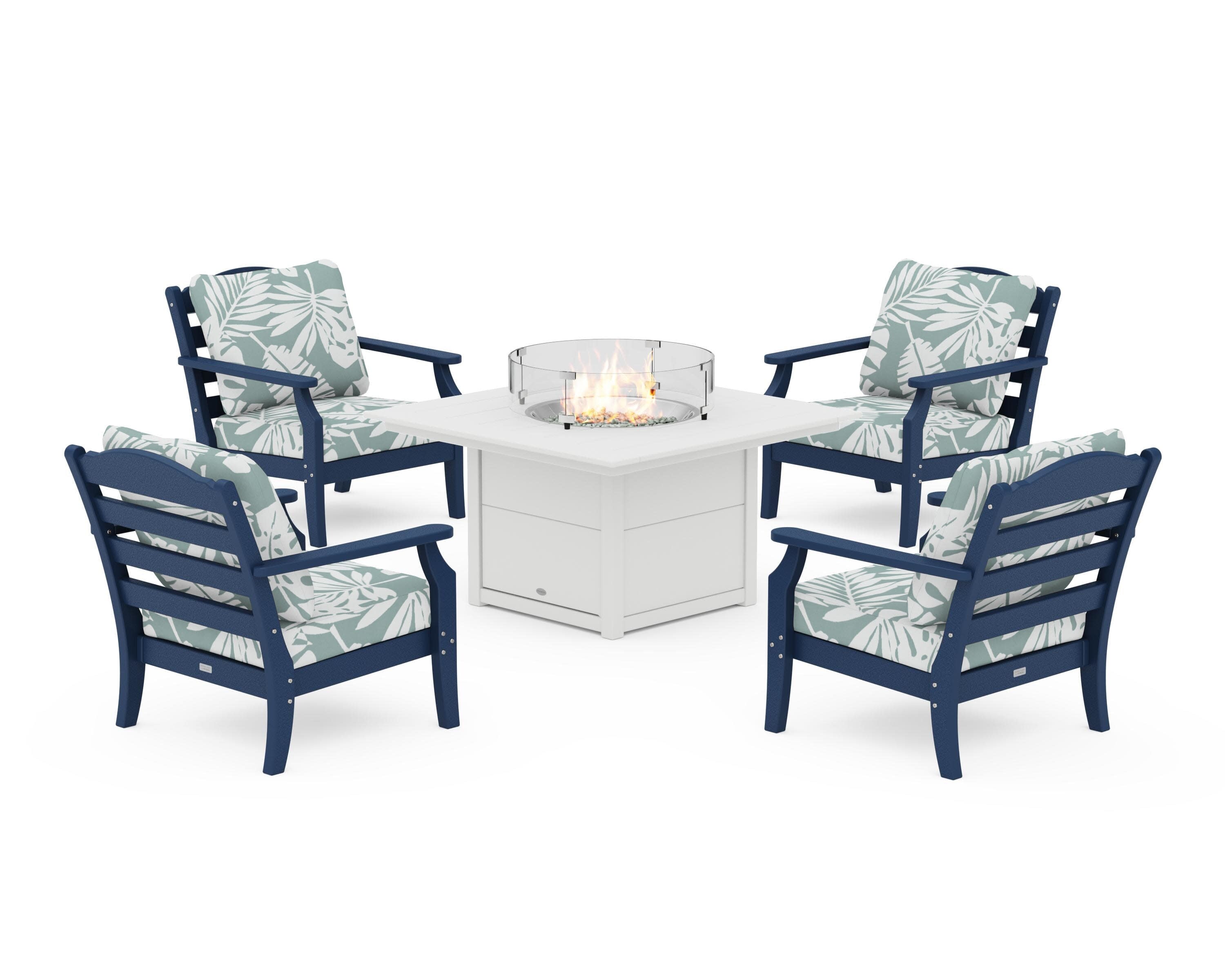 Savannah 5-Piece Deep Seating Set with Fire Pit Table in Navy / Leaf Glacier Spa