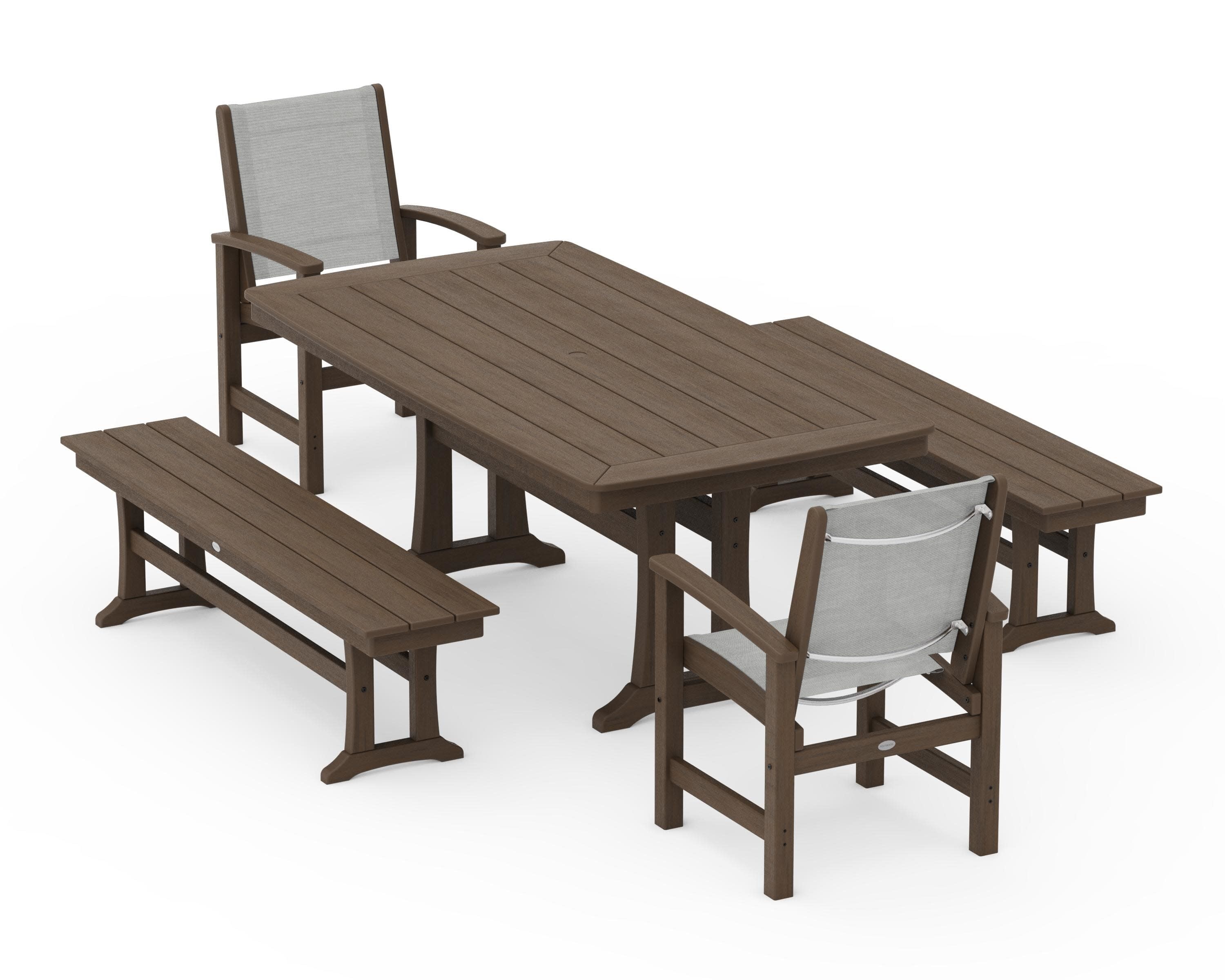 Coastal 5-Piece Dining Set with Trestle Legs and Benches in Kona / Metallic Sling