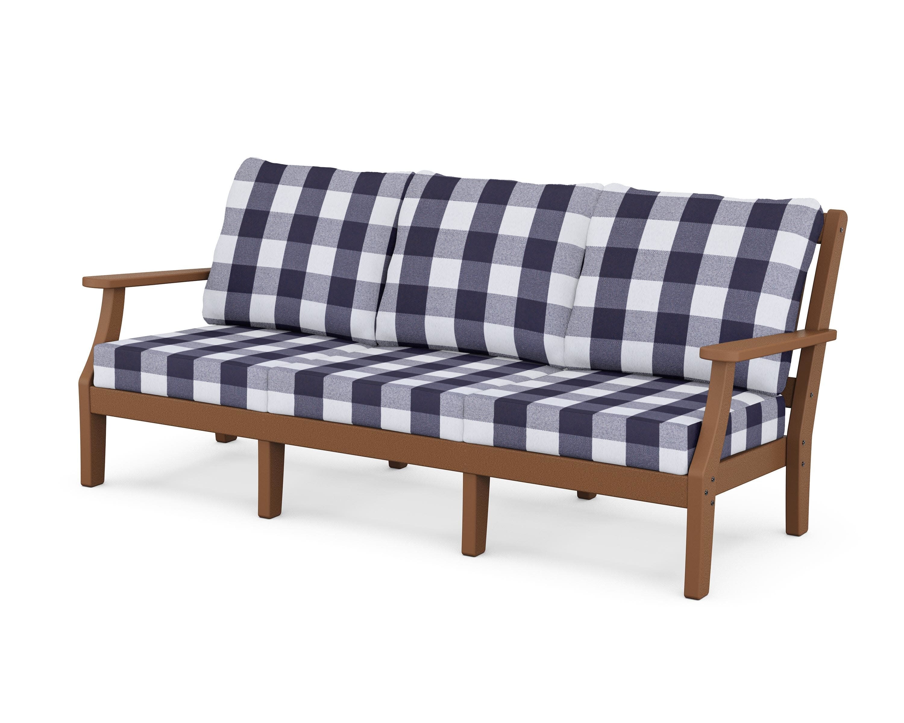 Chinoiserie Deep Seating Sofa in Teak / Buffalo Plaid Navy