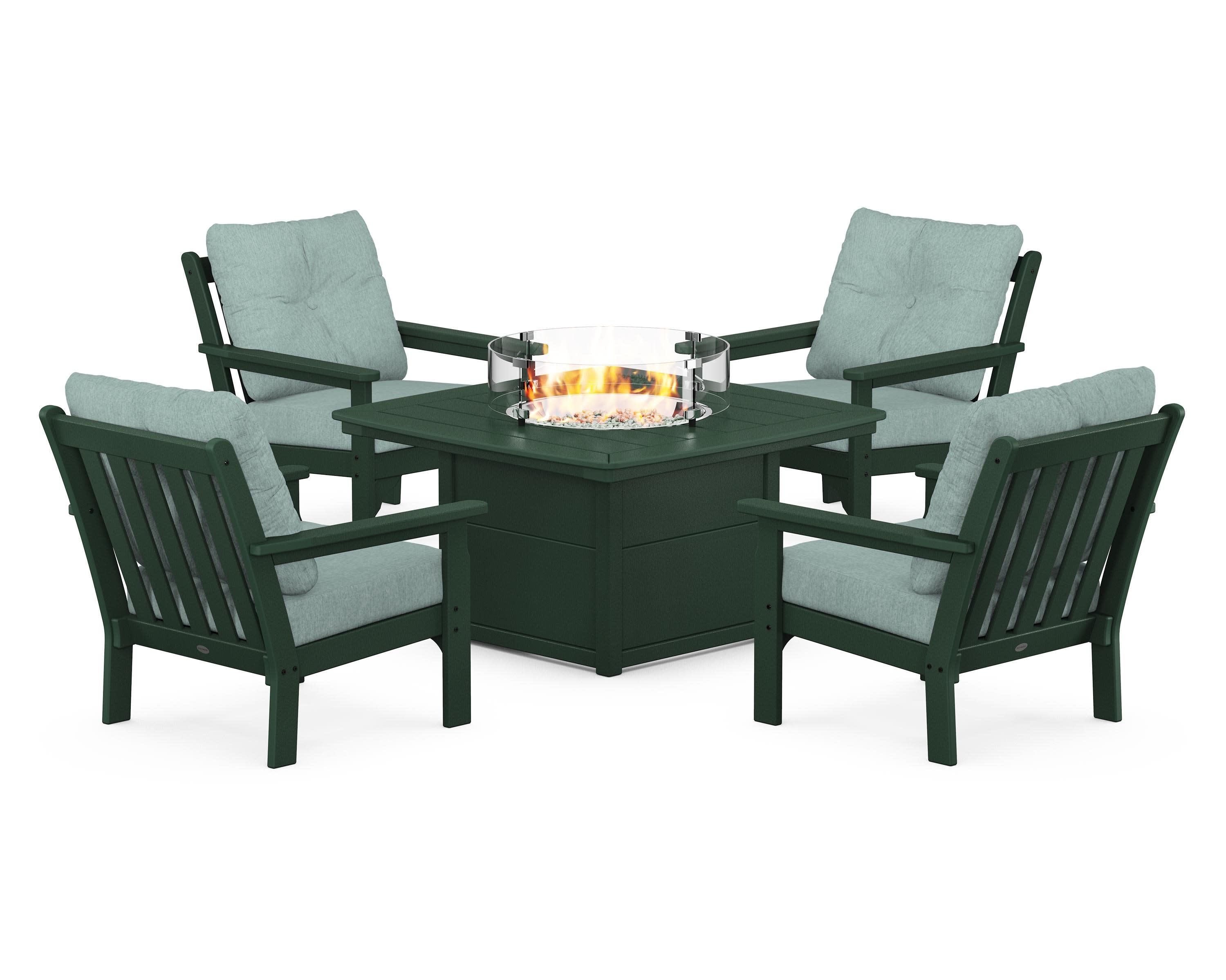 Vineyard 5-Piece Conversation Set with Fire Pit Table in Green / Glacier Spa