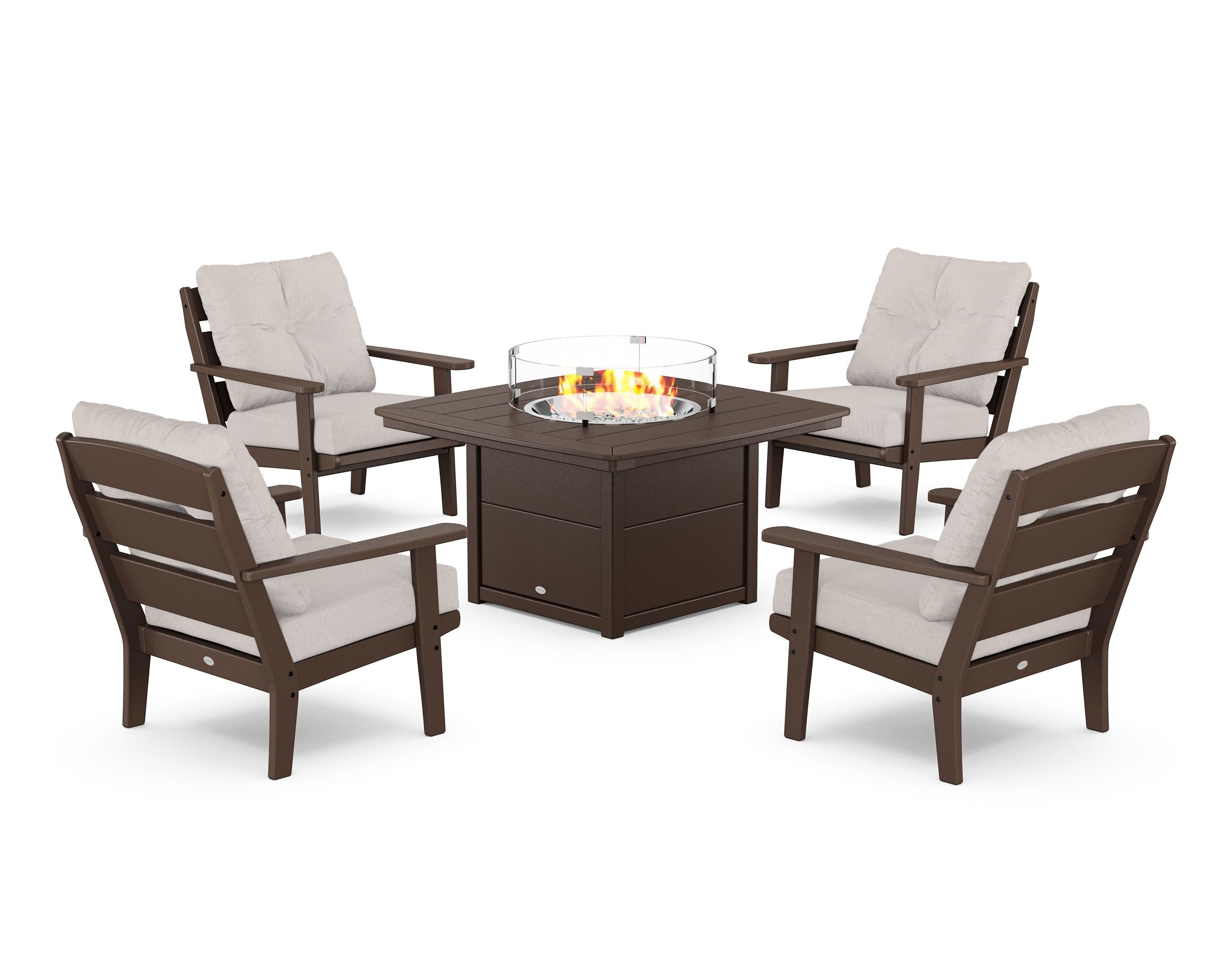 Lakeside 5-Piece Deep Seating Set with Nautical Fire Pit Table in Mahogany / Dune Burlap