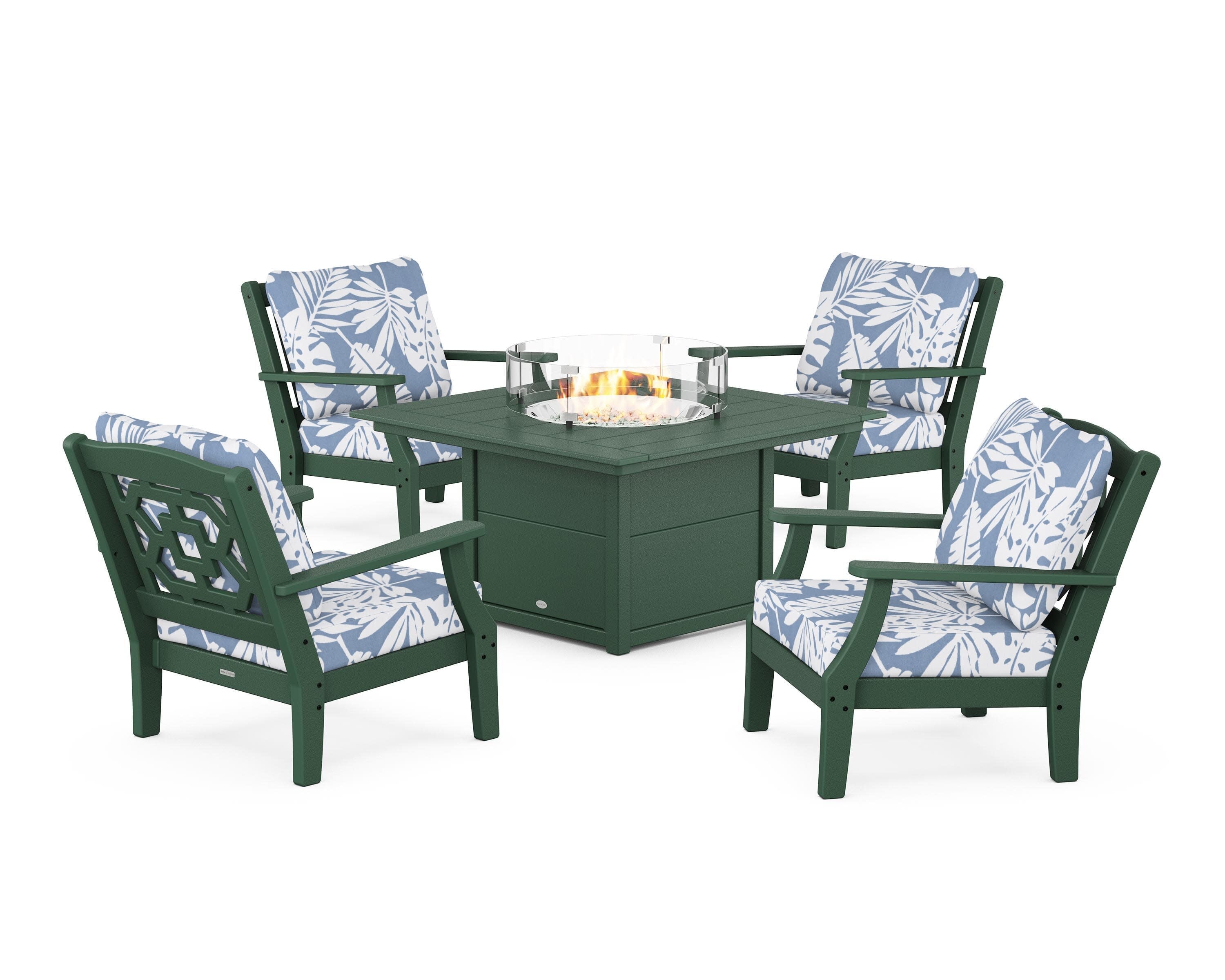 Chinoiserie 5-Piece Deep Seating Set with Fire Pit Table in Green / Leaf Sky Blue