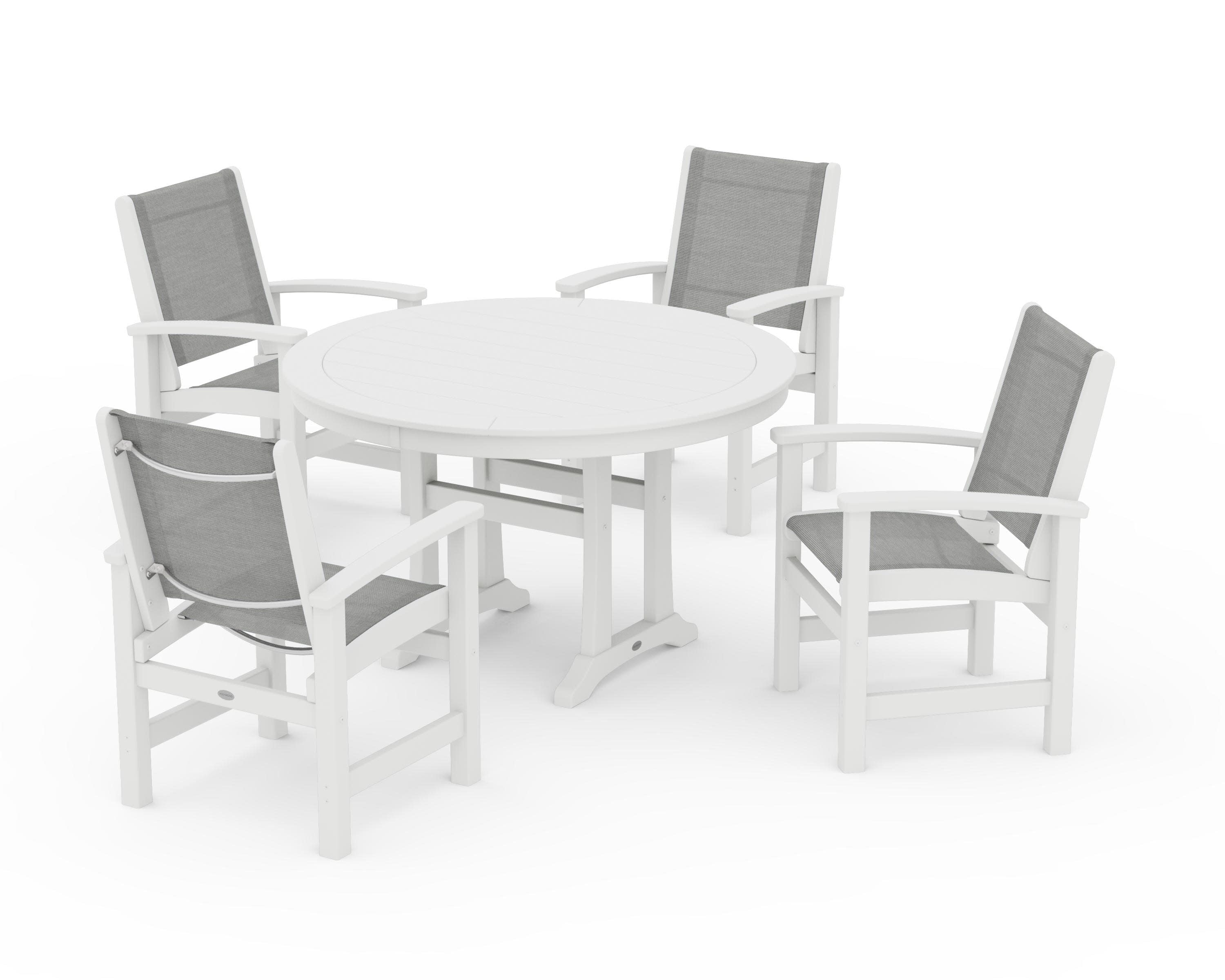 Coastal 5-Piece Round Dining Set with Trestle Legs in White / Metallic Sling