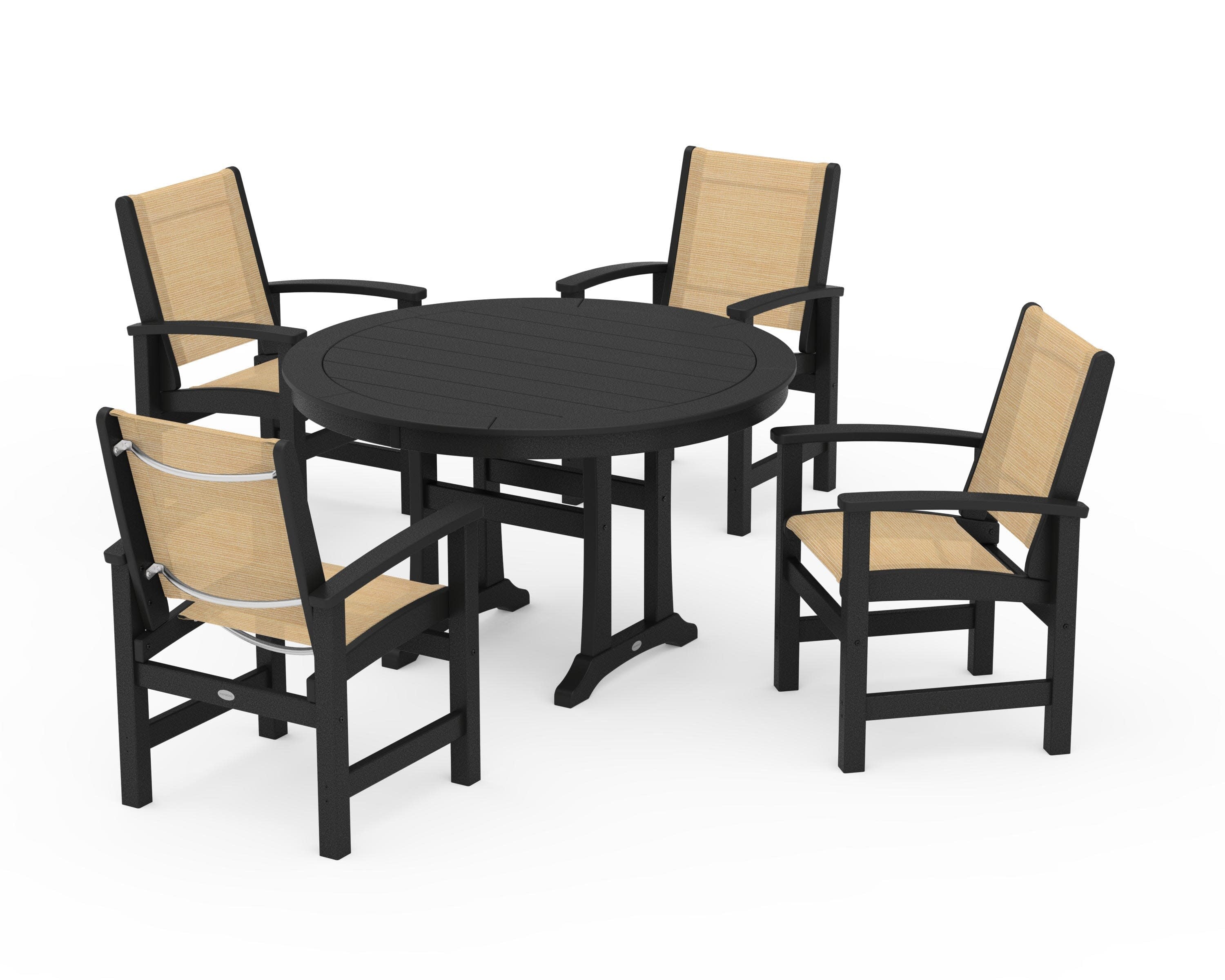 Coastal 5-Piece Round Dining Set with Trestle Legs in Black / Dupioni Apricot Sling