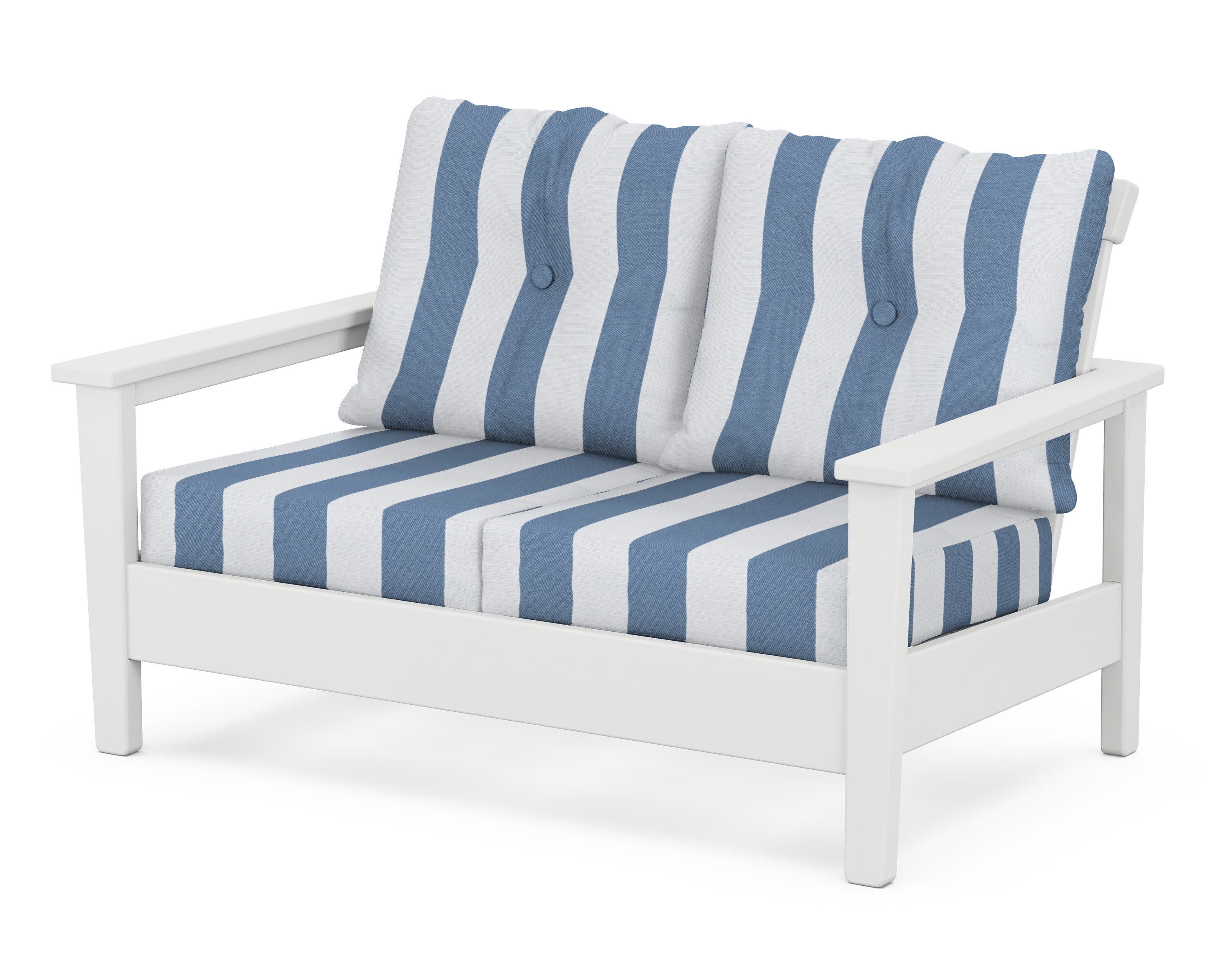 Prescott Deep Seating Loveseat in White / Cabana Stripe Sky Blue
