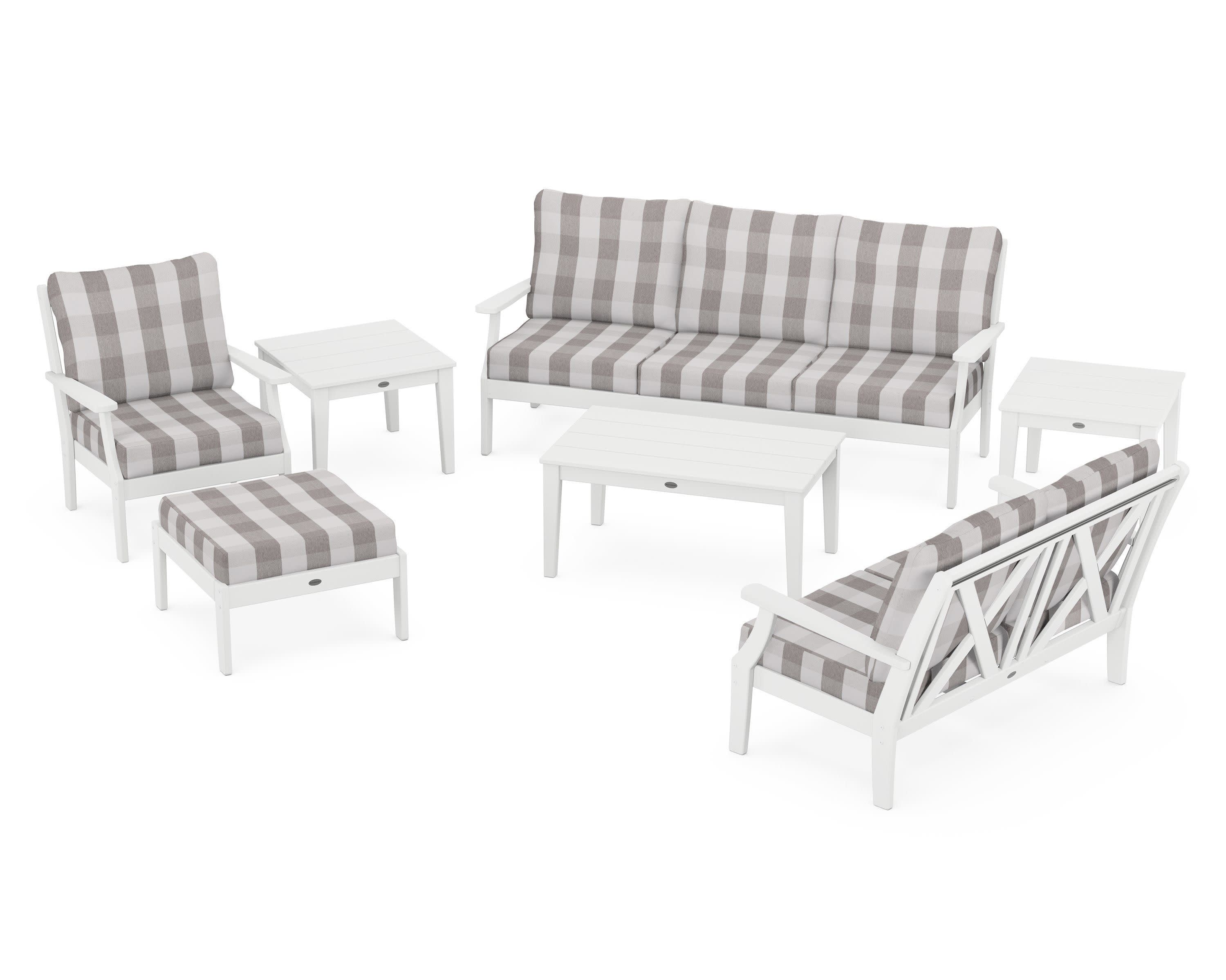 Braxton 7-Piece Deep Seating Set in White / Buffalo Plaid Grey Mist