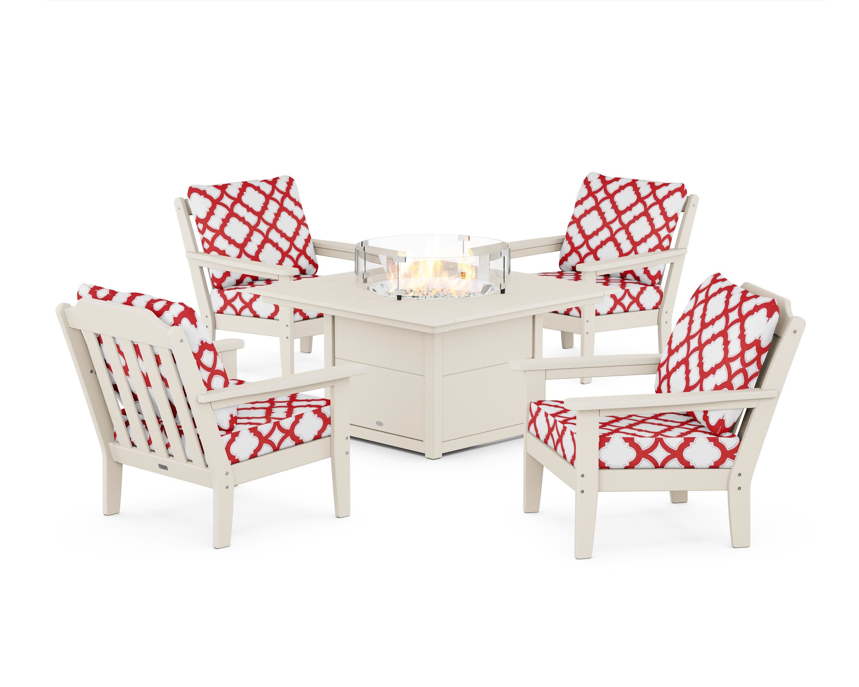 Cottage 5-Piece Deep Seating Set with Fire Pit Table in Sand / Trellis Crimson