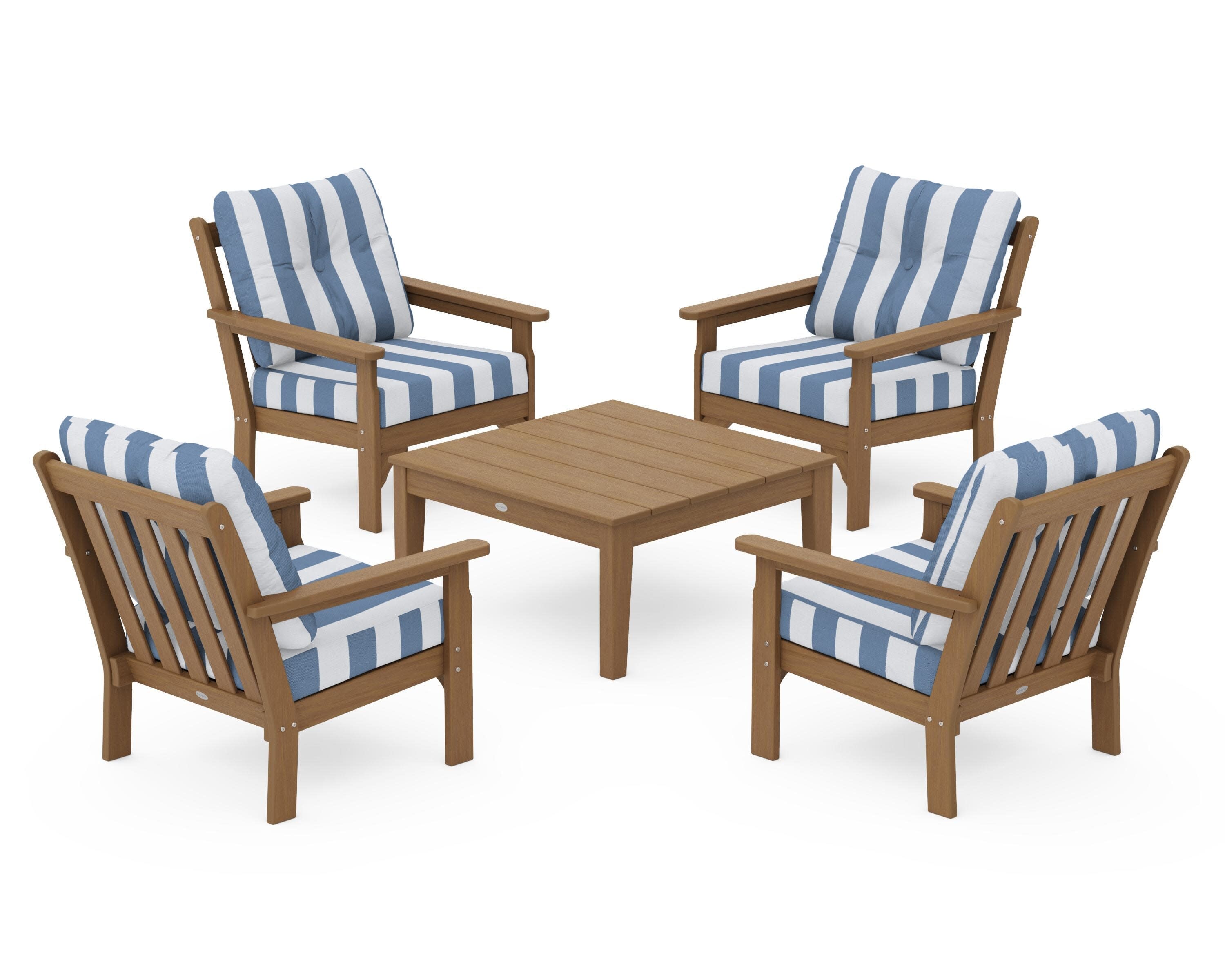 Vineyard 5-Piece Deep Seating Conversation Set in Natural / Cabana Stripe Sky Blue