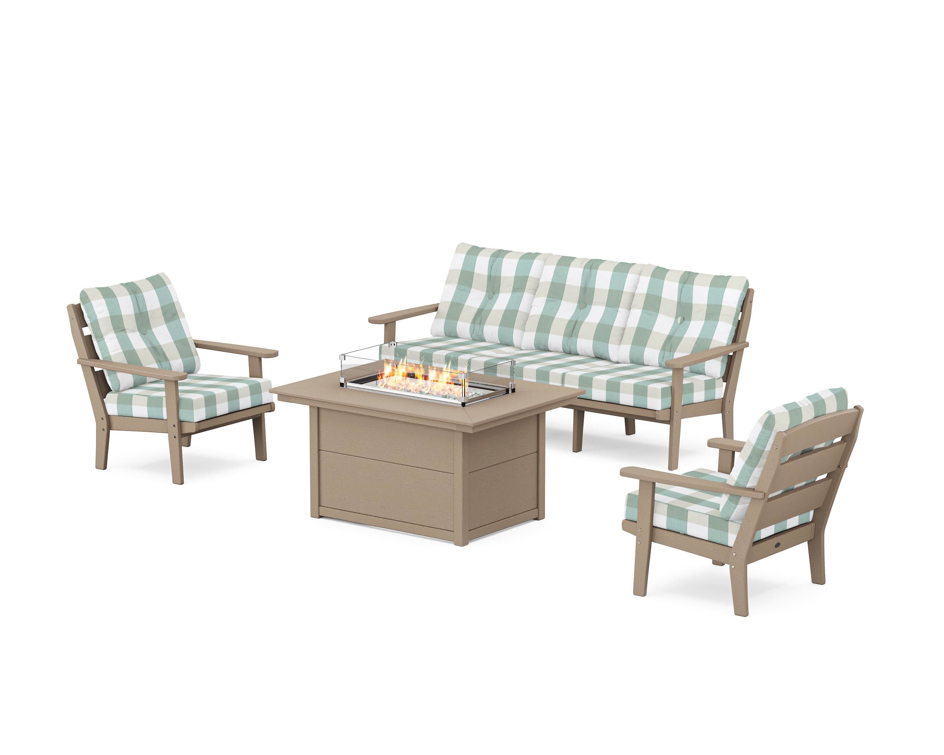 Lakeside Deep Seating Fire Pit Table Set in Vintage Sahara / Buffalo Plaid Glacier Spa