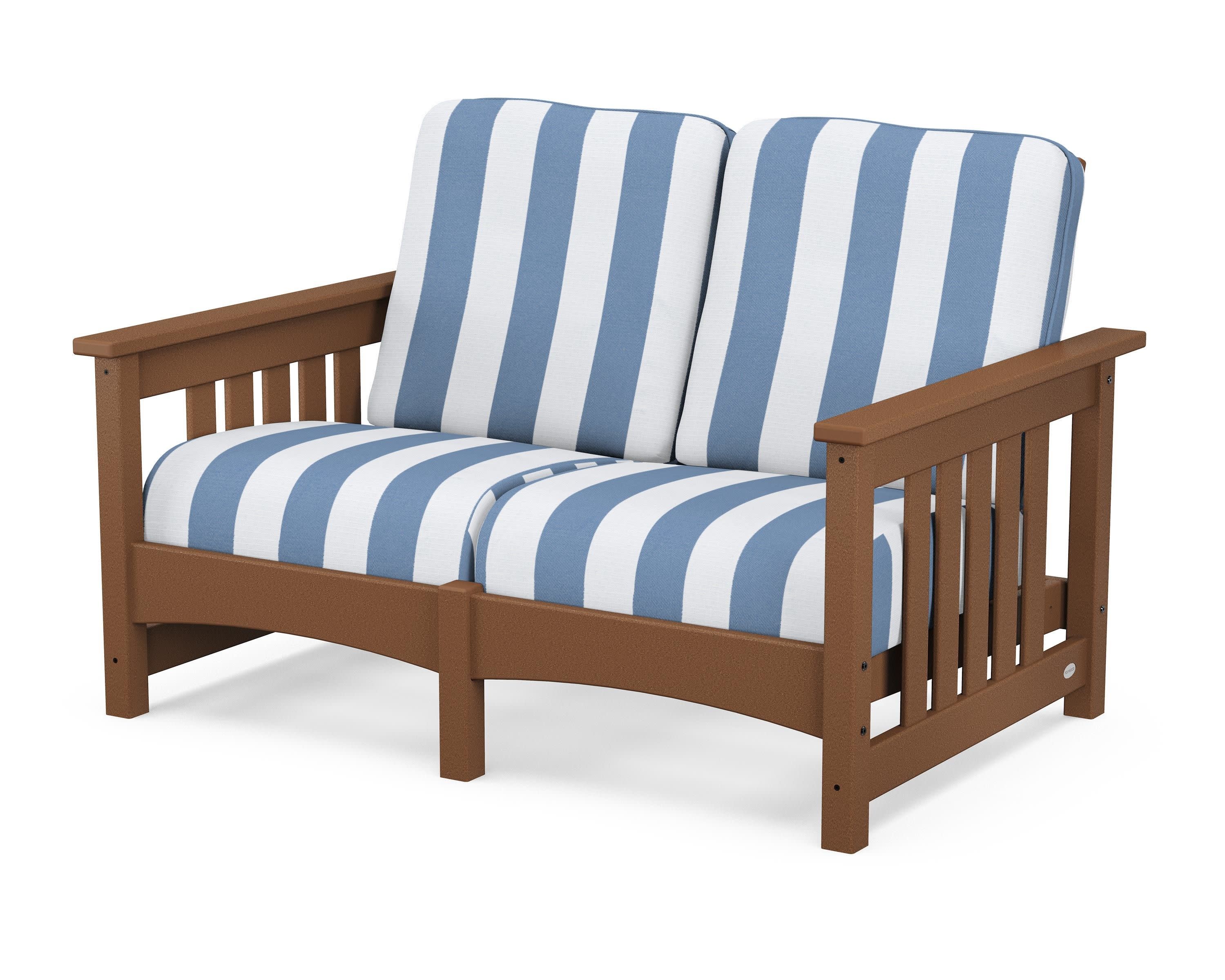 Club Mission Loveseat in Teak / Cabana Stripe Sky Blue