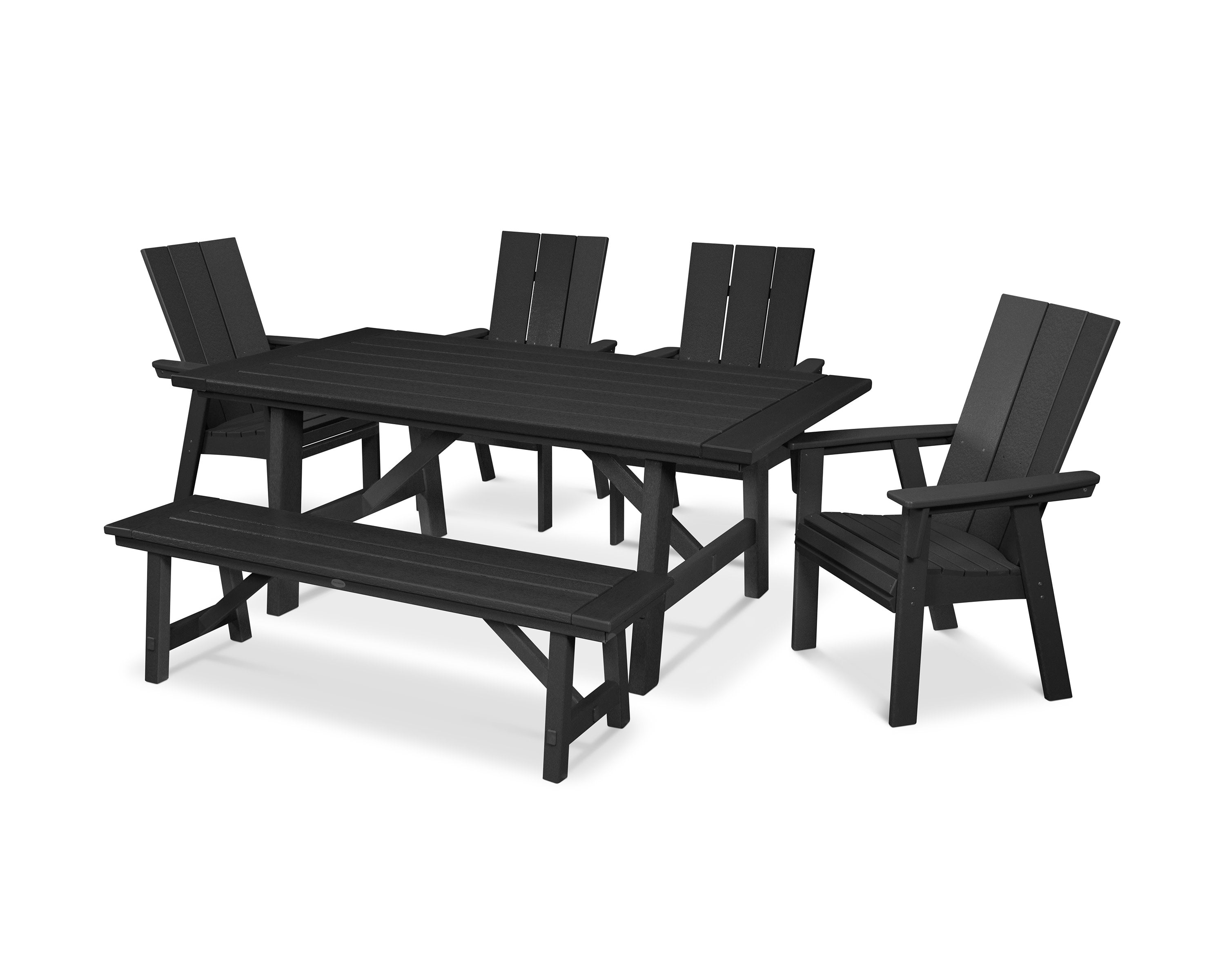 Modern Curveback Adirondack 6-Piece Rustic Farmhouse Dining Set with Bench in Black