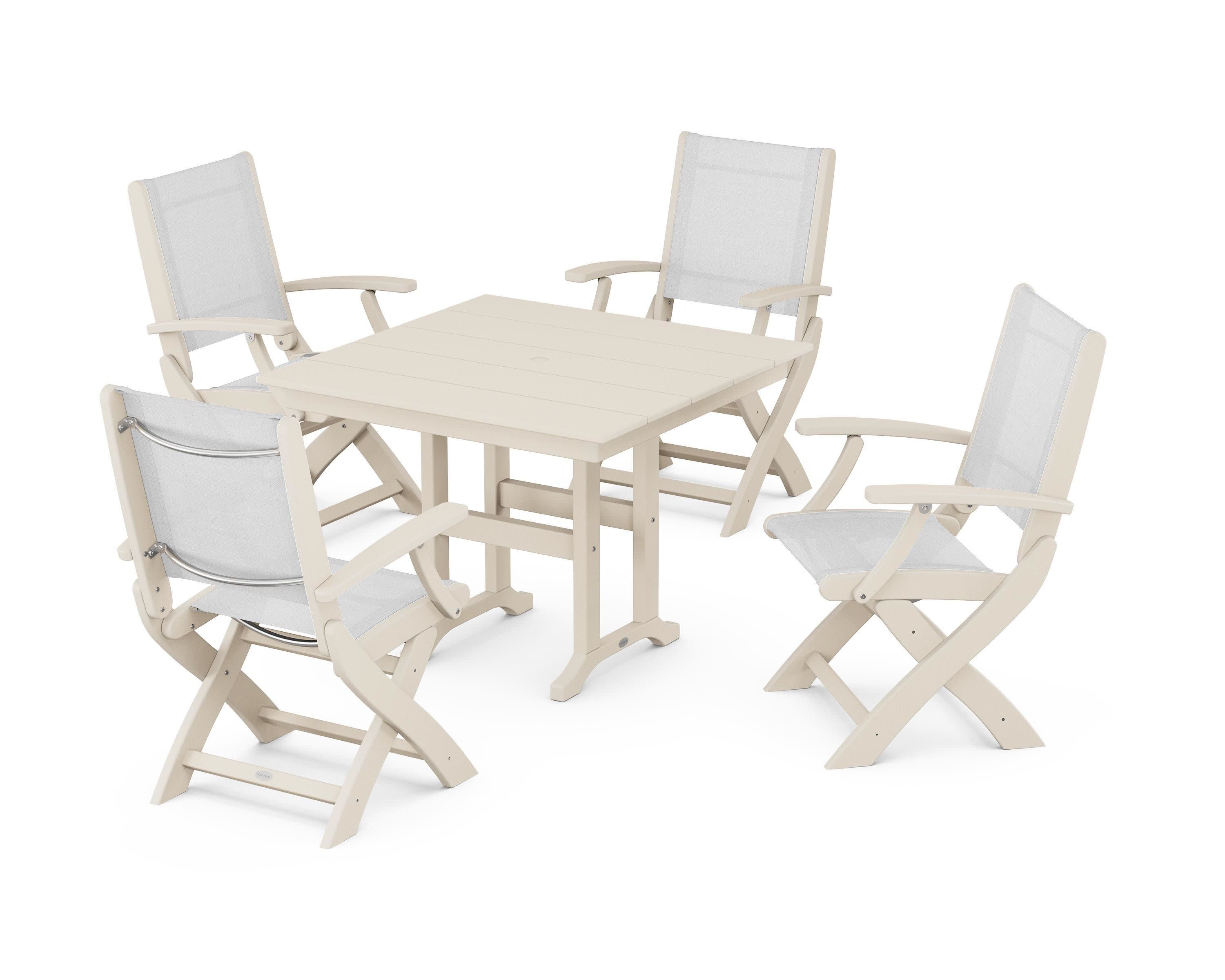 Coastal Folding Chair 5-Piece Farmhouse Dining Set in Sand / White Sling