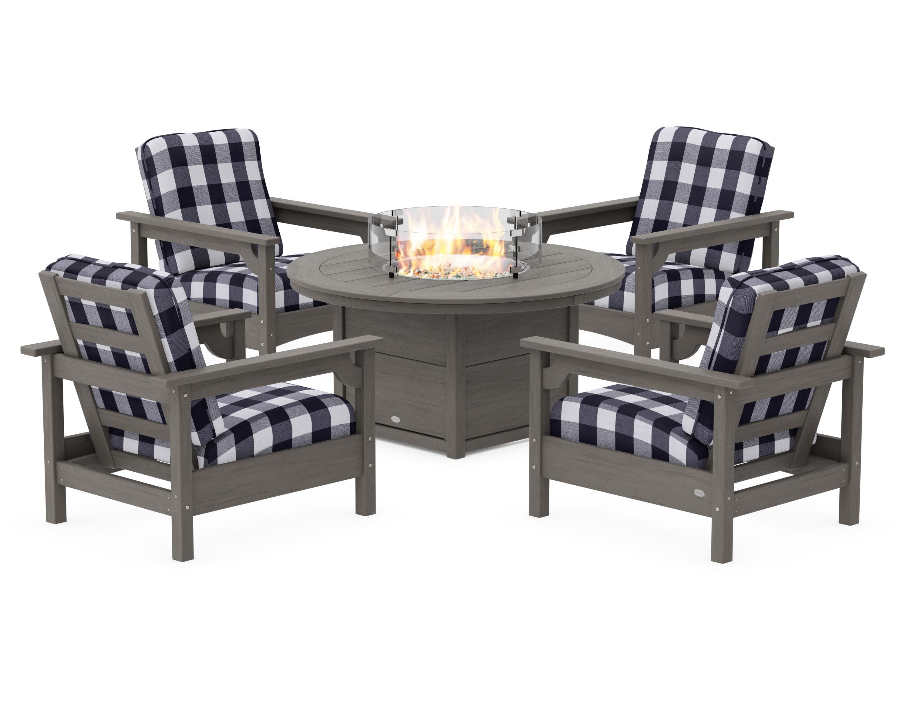 Club 5-Piece Conversation Set with Fire Pit Table in Driftwood / Buffalo Plaid Navy