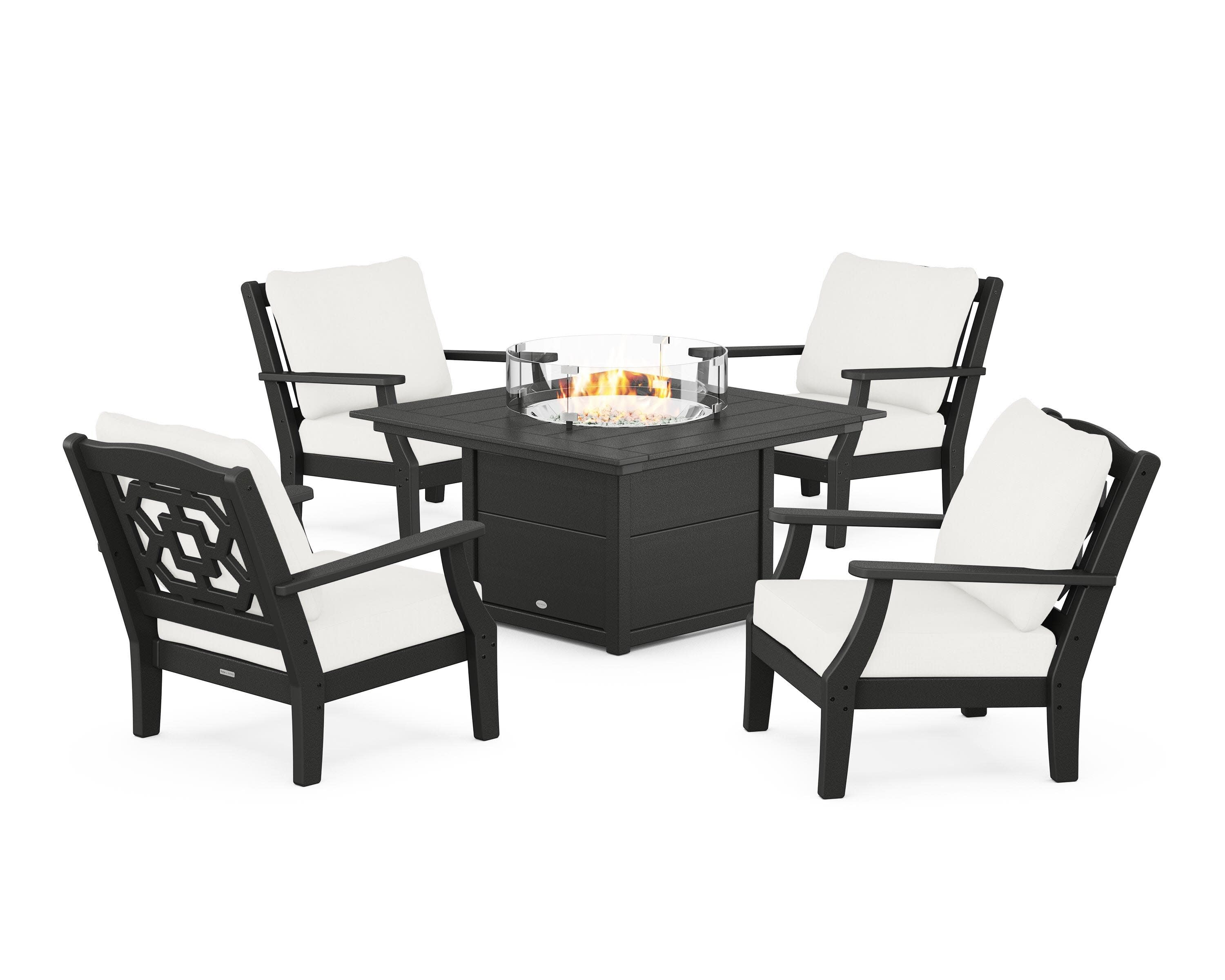 Chinoiserie 5-Piece Deep Seating Set with Fire Pit Table in Black / Natural Linen
