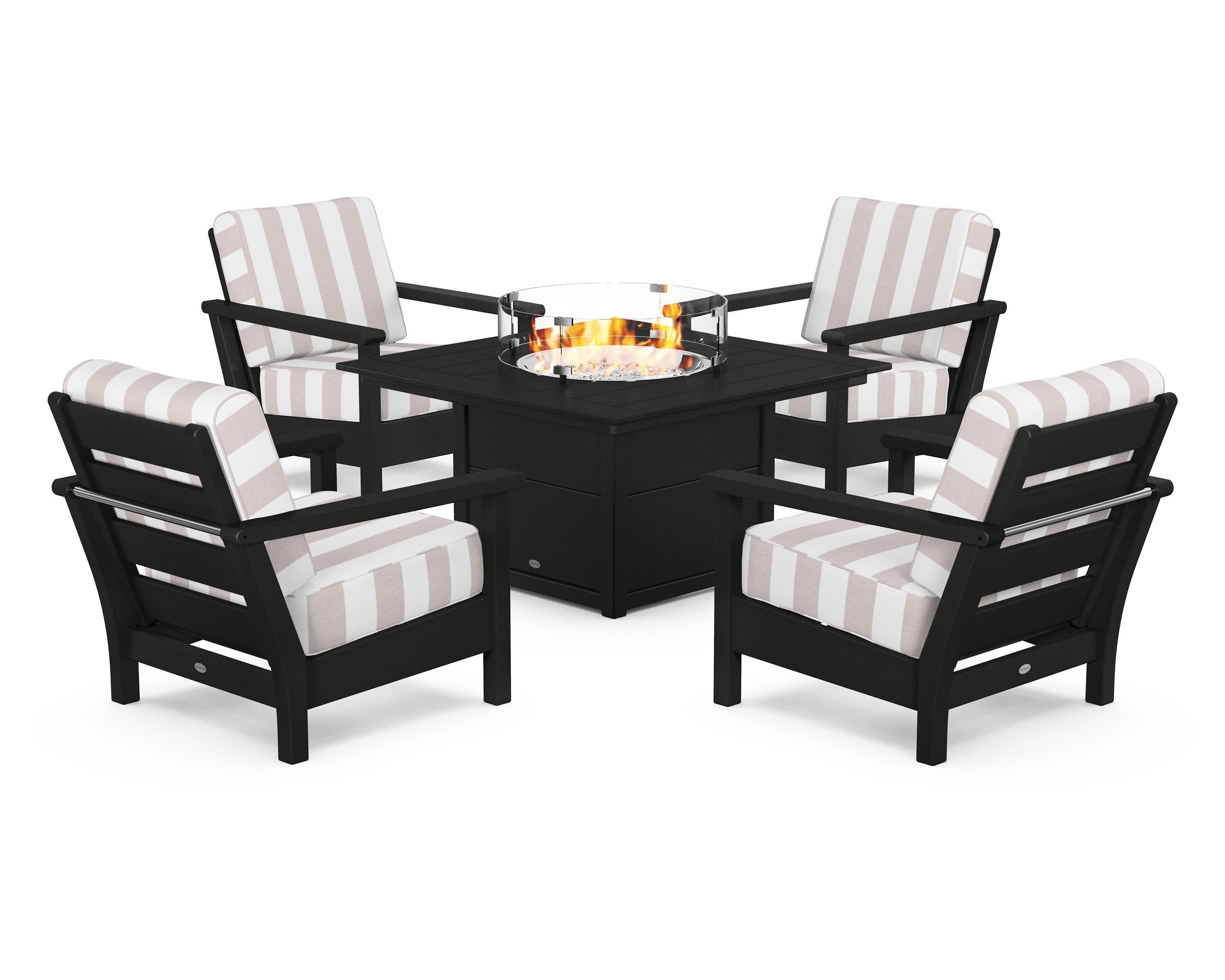 Harbour 5-Piece Conversation Set with Fire Pit Table in Black / Cabana Stripe Dune Burlap